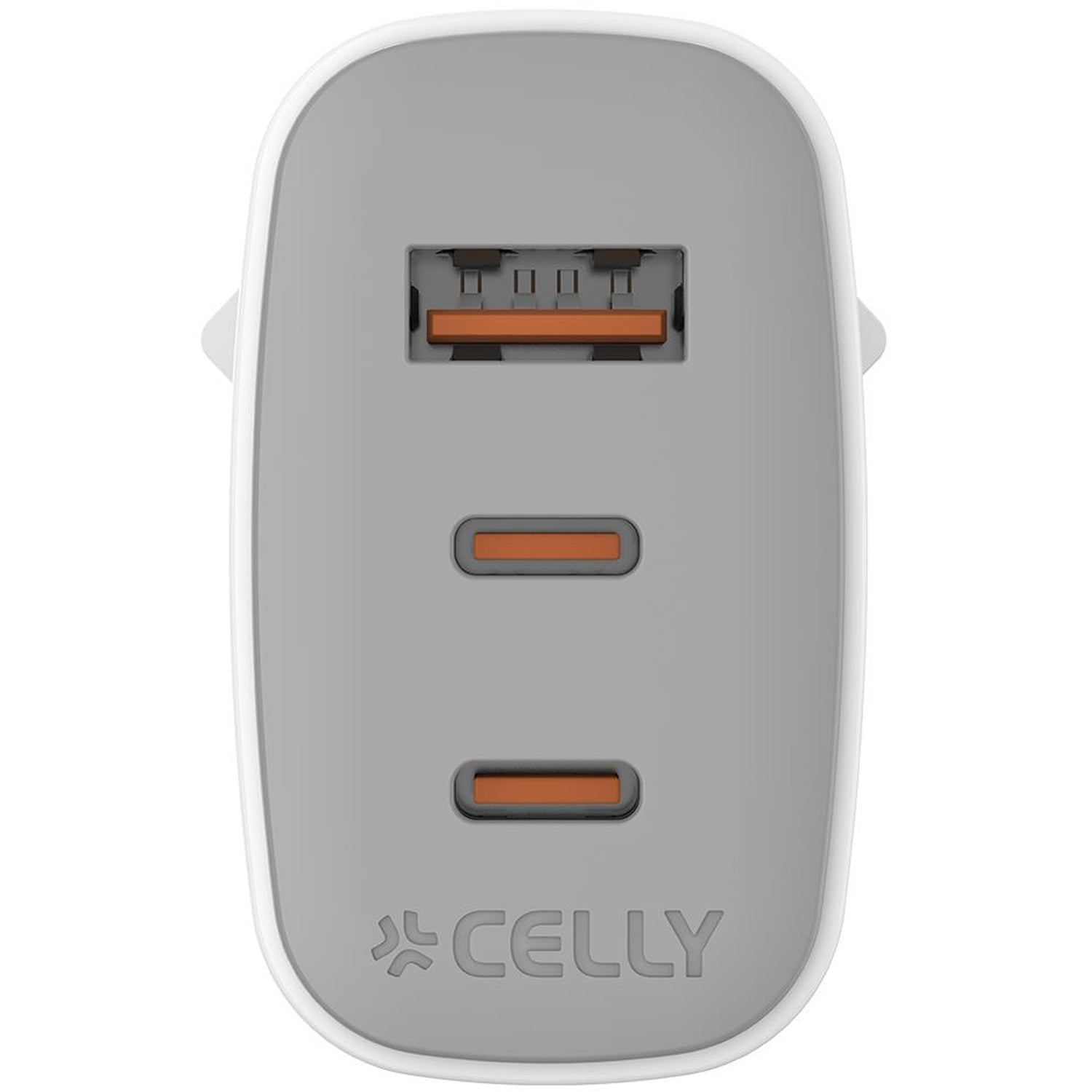 Un cargador Celly gris con dos puertos USB y dos puertos de carga. El cargador tiene un borde blanco y el logotipo de Celly.
