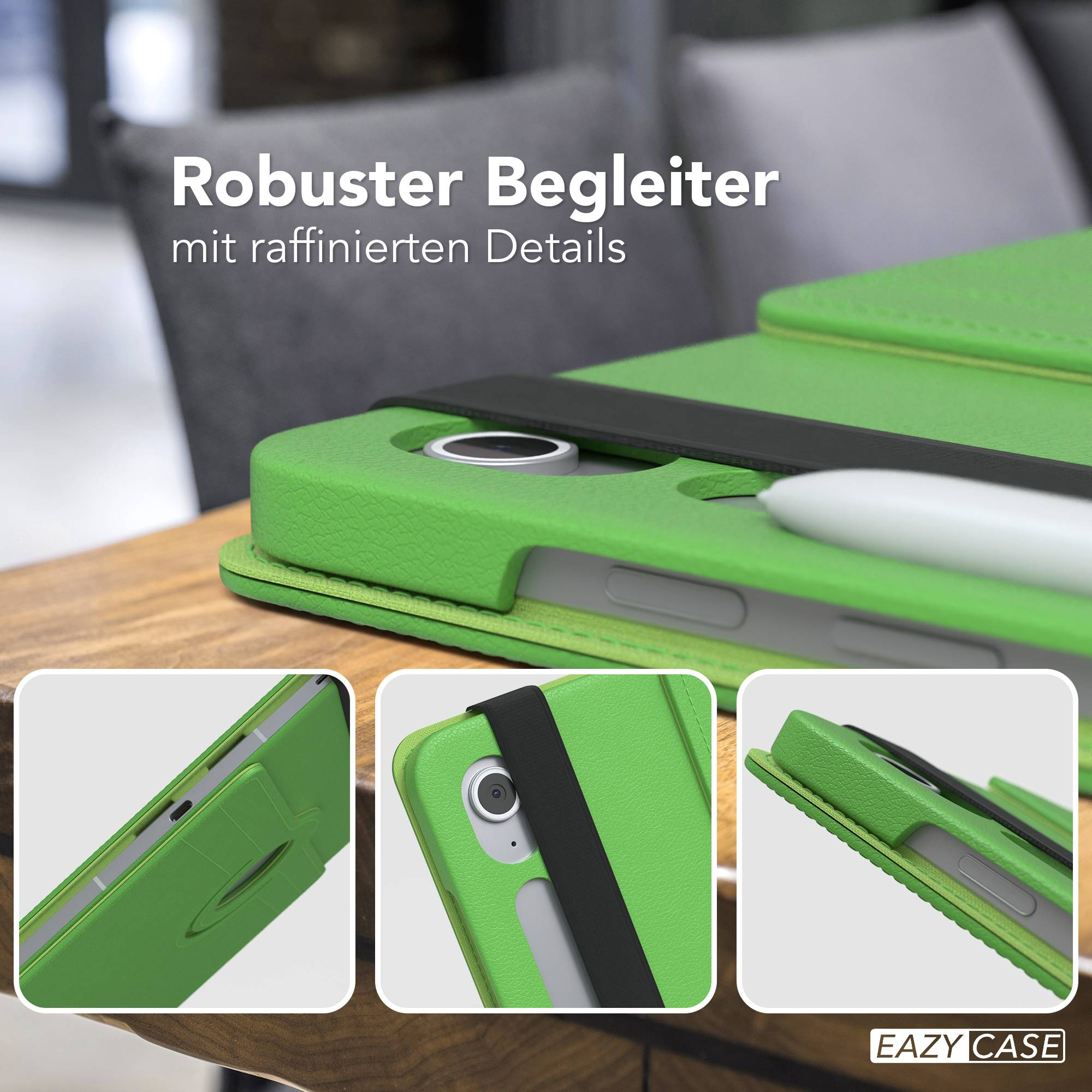 Grüne Tablethülle mit schwarzem Riemen, weißem Stift und drei Detailbildern. Holztisch, weicher grauer Hintergrund.