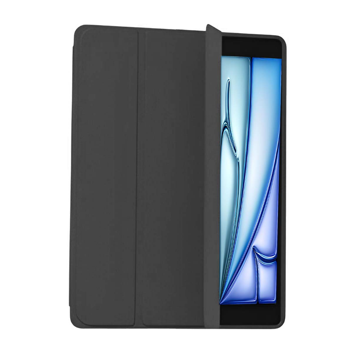 Un tablet nero in una custodia, parzialmente aperto, rivela uno schermo con motivi blu e bianchi.