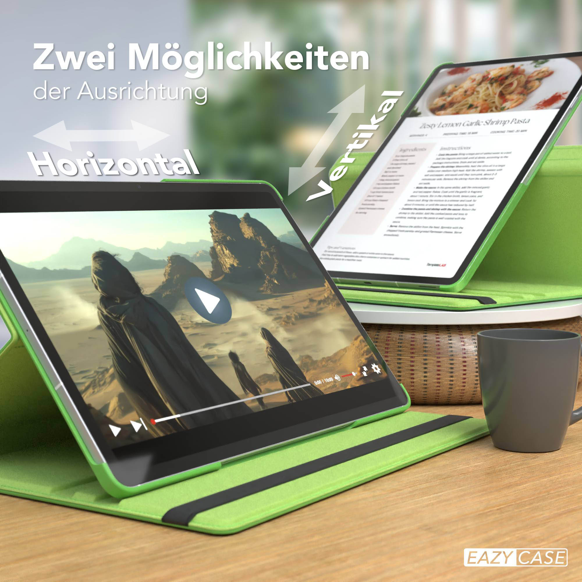 Zwei Tablets in grünen Hüllen, eines horizontal, eines vertikal, zeigen ein Video und ein Rezept.