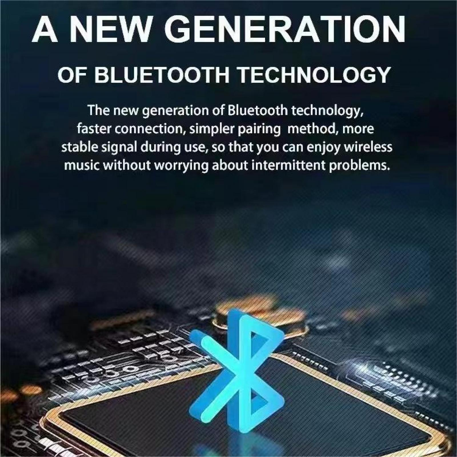 Das Bild zeigt Text über neue Bluetooth-Technologie mit einem blauen Bluetooth-Logo auf einer Platine.