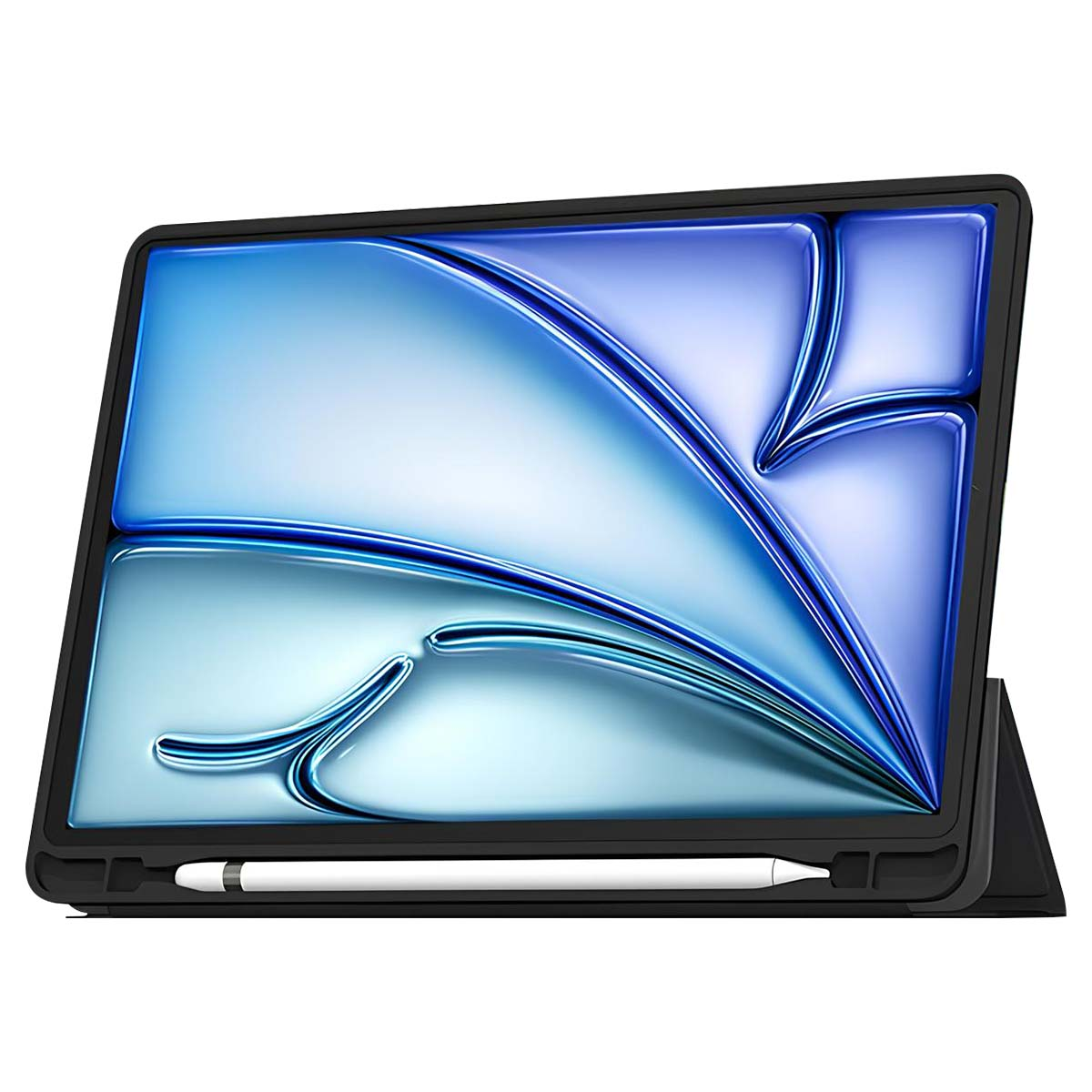 Custodia per tablet nera con design dello schermo blu e bianco. Una penna stilo bianca è posizionata in basso. La custodia è aperta.