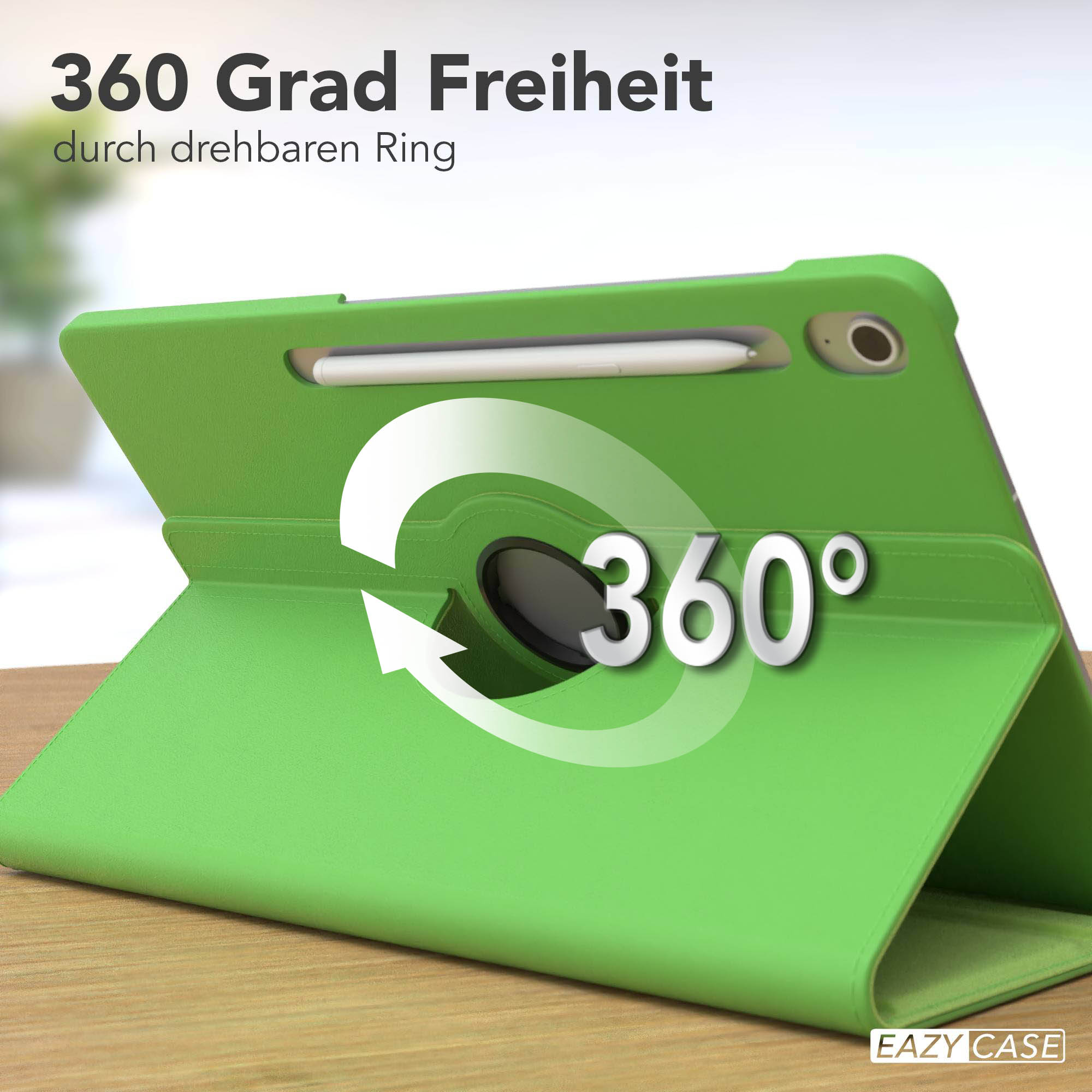 Grüne iPad-Hülle mit 360-Grad-Drehung. Weißer Text: 360 Grad Freiheit. Stift im Halter. Holztisch.