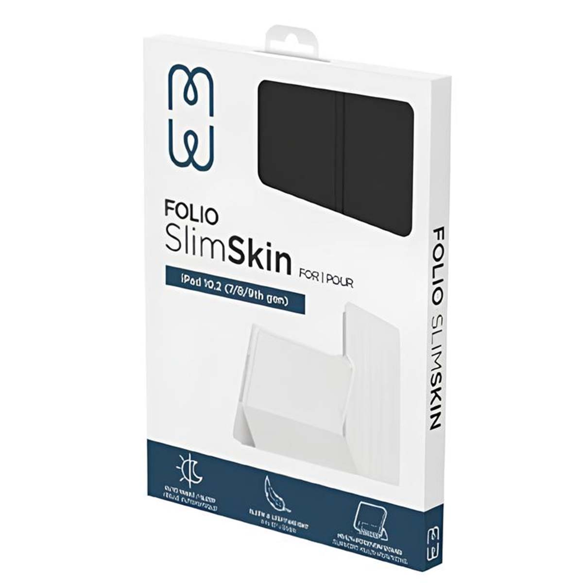Una scatola bianca con informazioni sul prodotto. Il prodotto è una custodia Folio SlimSkin per iPad. La parte anteriore mostra la custodia e icone.