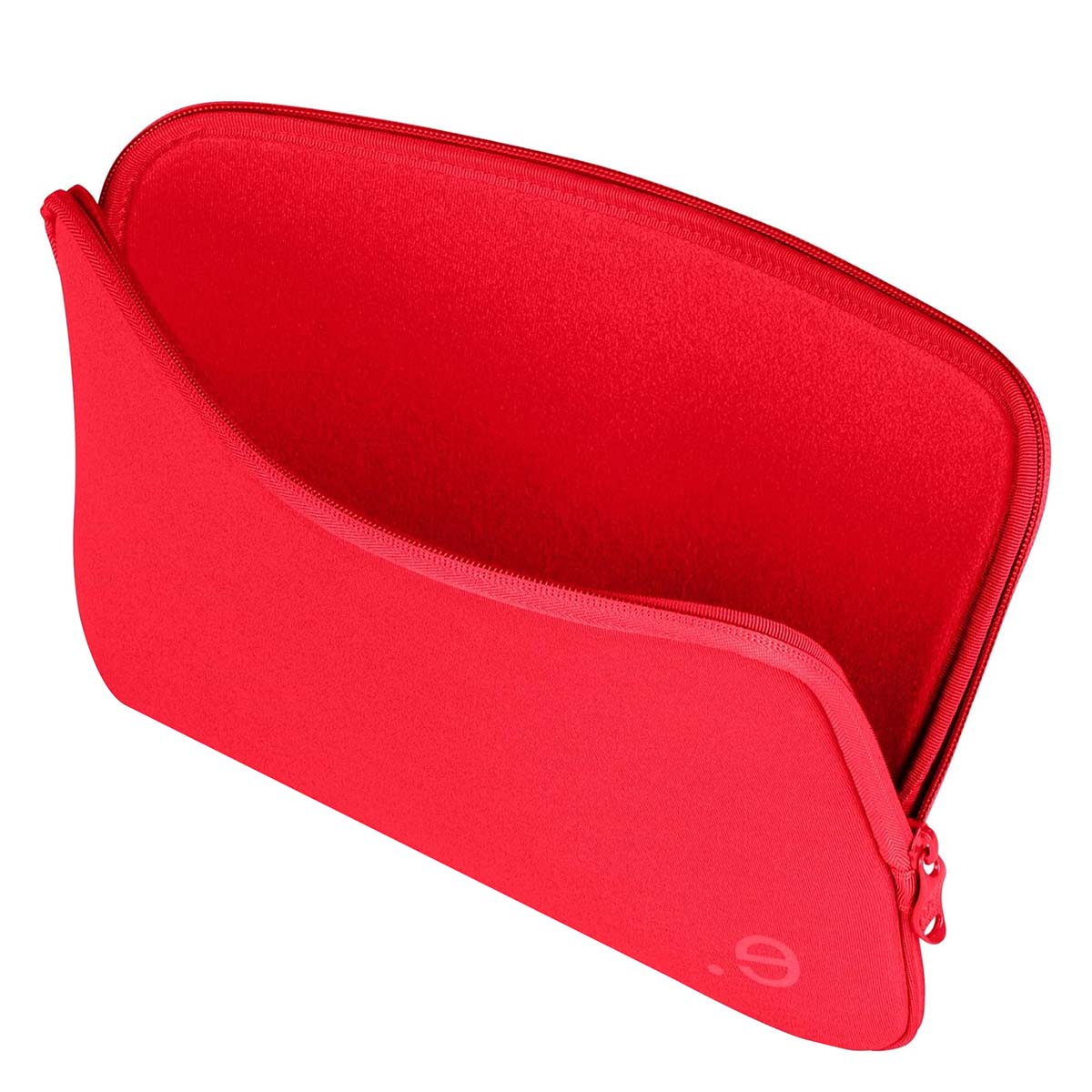 Una custodia rossa per laptop è aperta. La custodia è fatta di tessuto. L'interno è rosso. C'è una cerniera sul lato destro.