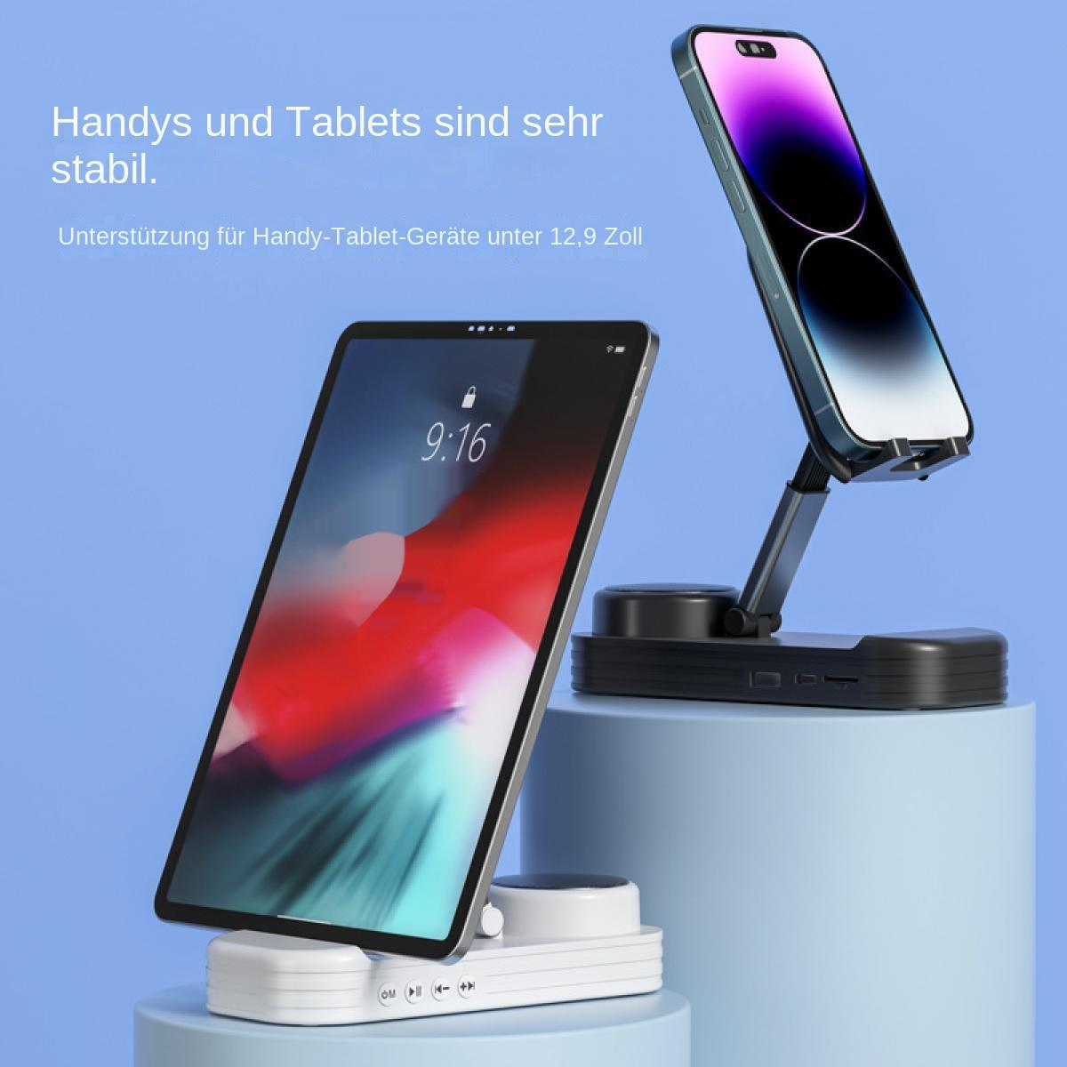 Zwei Tablets und ein Telefon auf Ständern. Die Tablets zeigen eine Uhr. Der Hintergrund ist hellblau.
