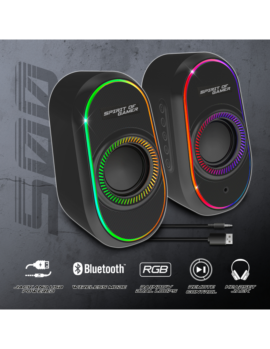 Zwei schwarze Lautsprecher mit bunten RGB-Leuchten. Zu den Funktionen gehören Bluetooth, USB und Fernbedienungsoptionen. Der Markenname ist Spirit Of Gamer.