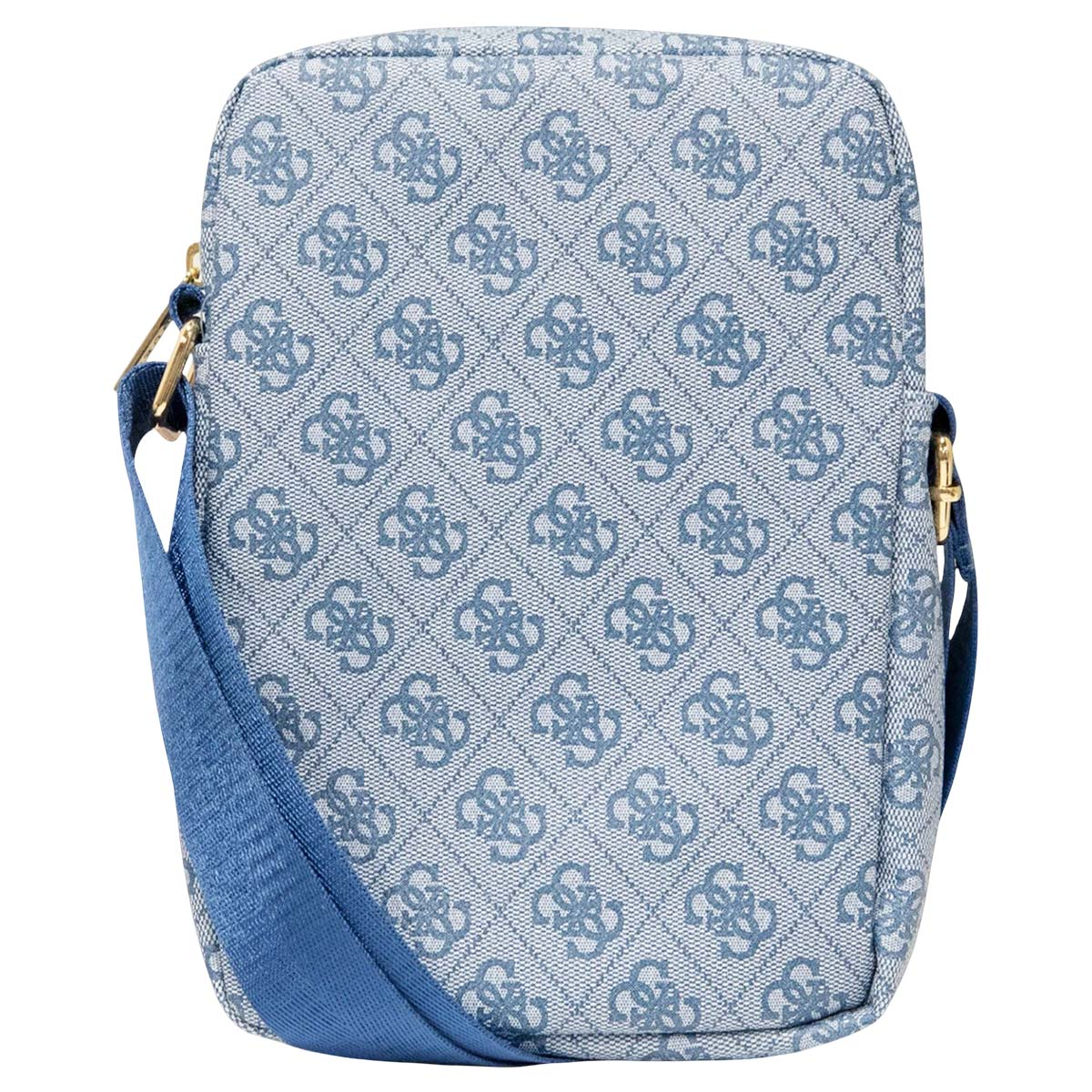 Eine hellblaue Guess-Umhängetasche mit einem sich wiederholenden Muster des Guess-Logos. Sie hat einen blauen Schultergurt und goldene Beschläge.