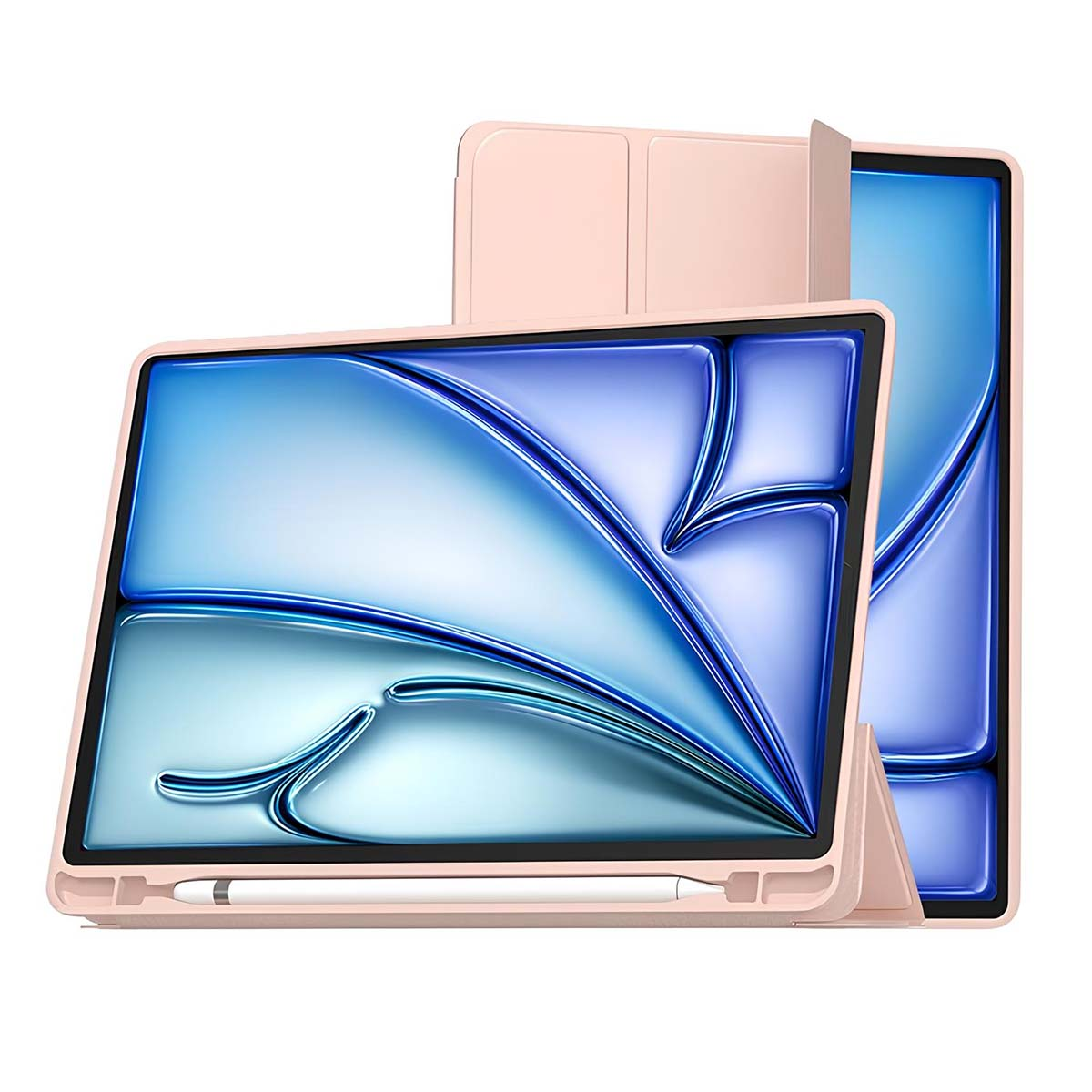 Un tablet rosa con schermo blu e bianco, custodia e stilo. Il tablet è angolato e un secondo tablet è visibile dietro.