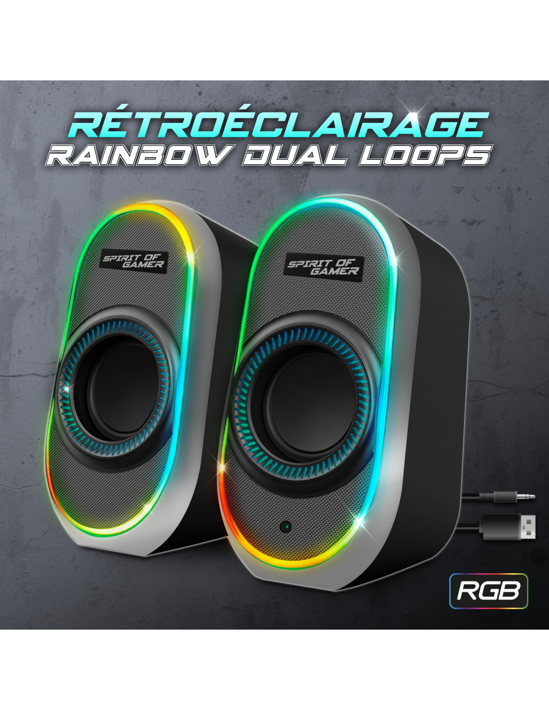 Zwei schwarze Lautsprecher mit RGB-Beleuchtung. Text oben: 'Rétroéclairage Rainbow Dual Loops'. Kabel und RGB-Logo sichtbar.