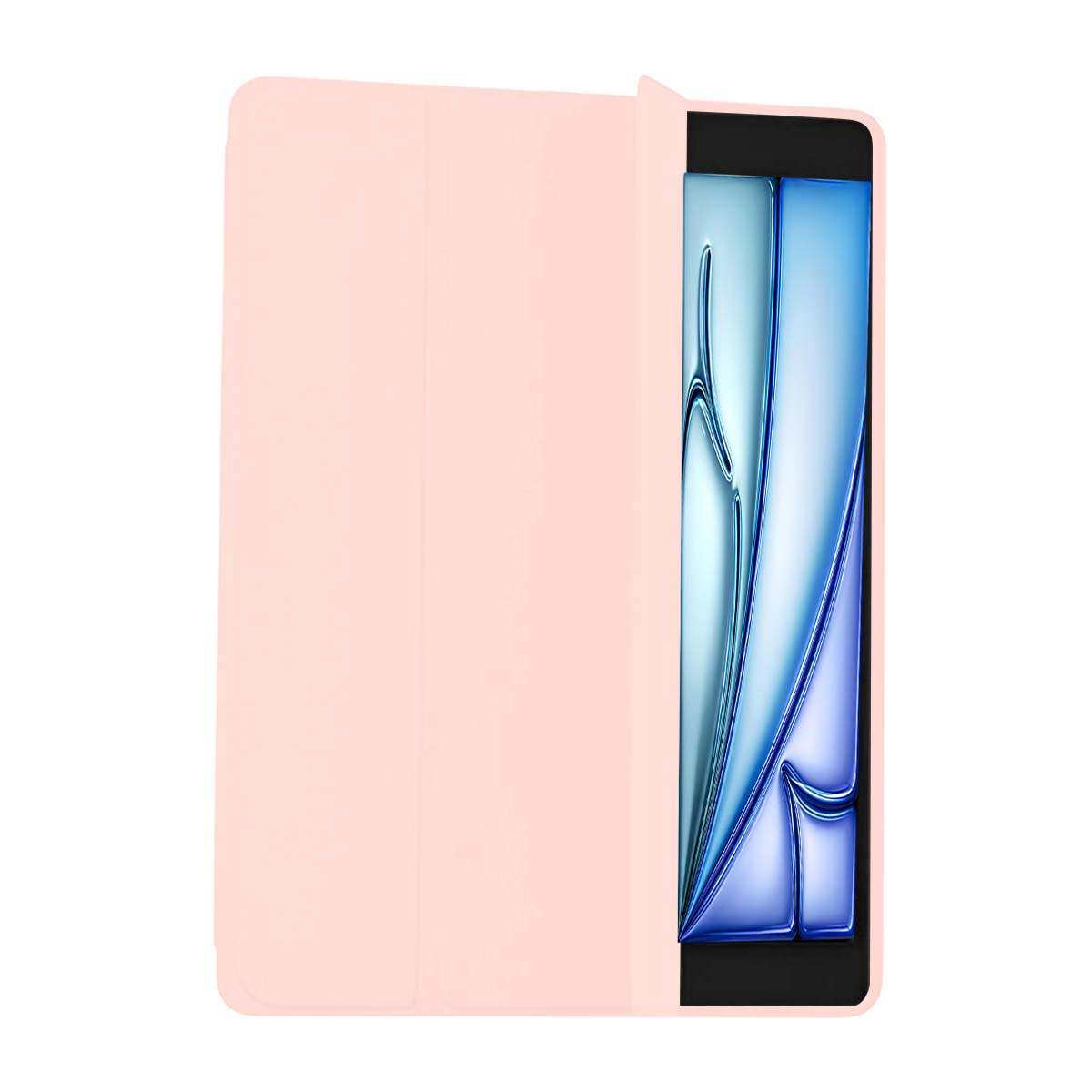 Un tablet in una custodia rosa chiaro. Lo schermo mostra un motivo riflettente blu e argento. La custodia è parzialmente aperta.
