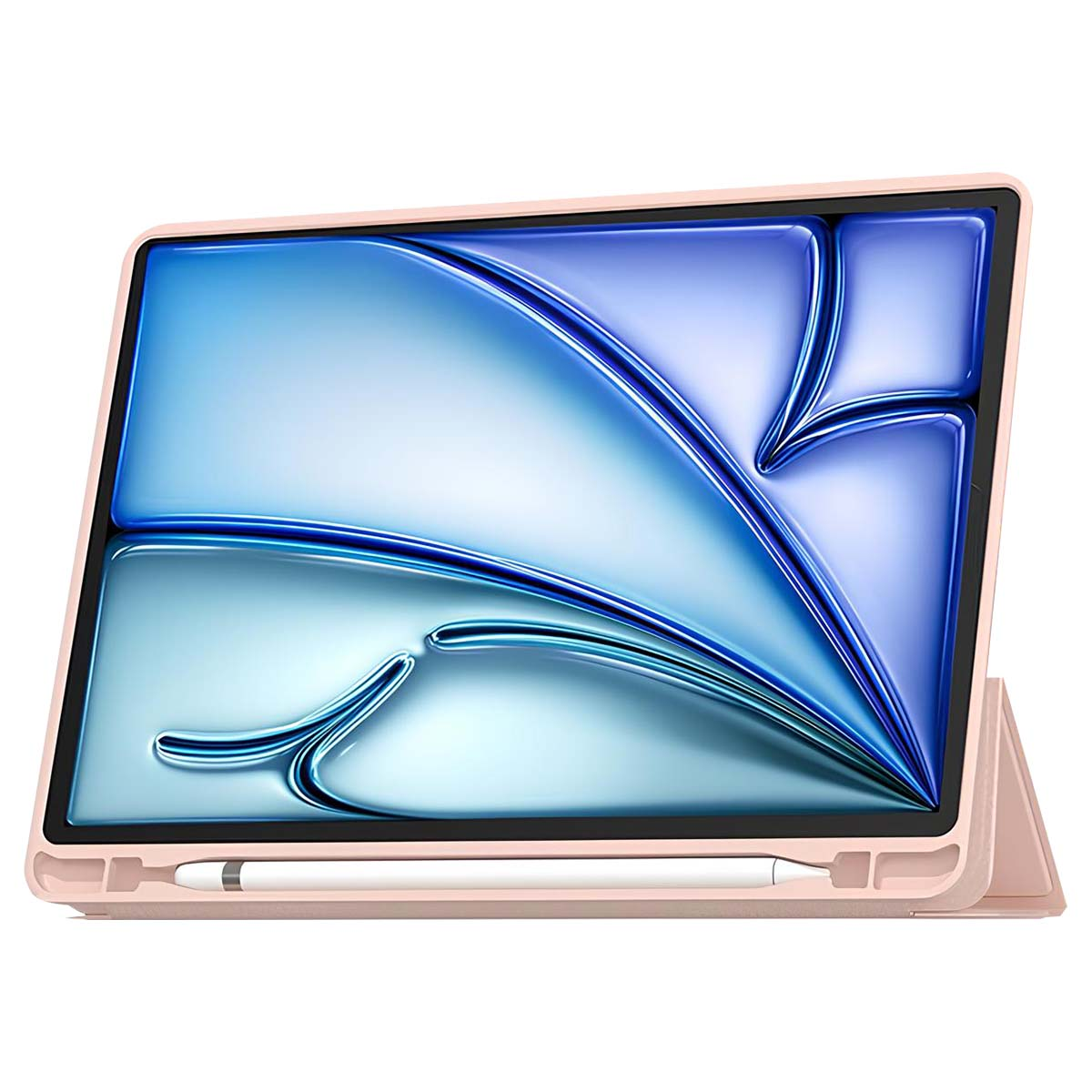 Un tablet in una custodia rosa, con uno stilo. Lo schermo mostra un design astratto blu e bianco. La custodia è aperta.