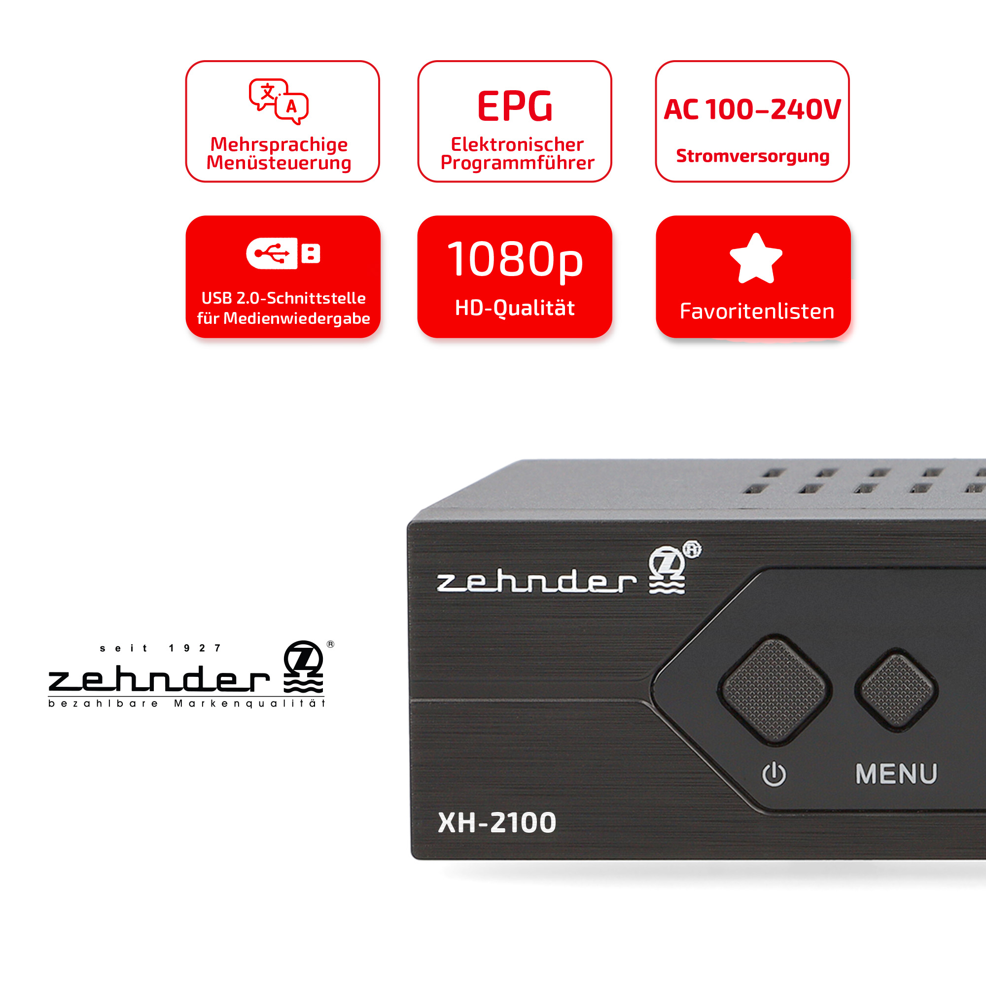 Schwarzer Zehnder-Receiver. Funktionen: USB, 1080p, mehrsprachiges Menü. Enthält Strom und EPG. Tasten für Menü und Strom.