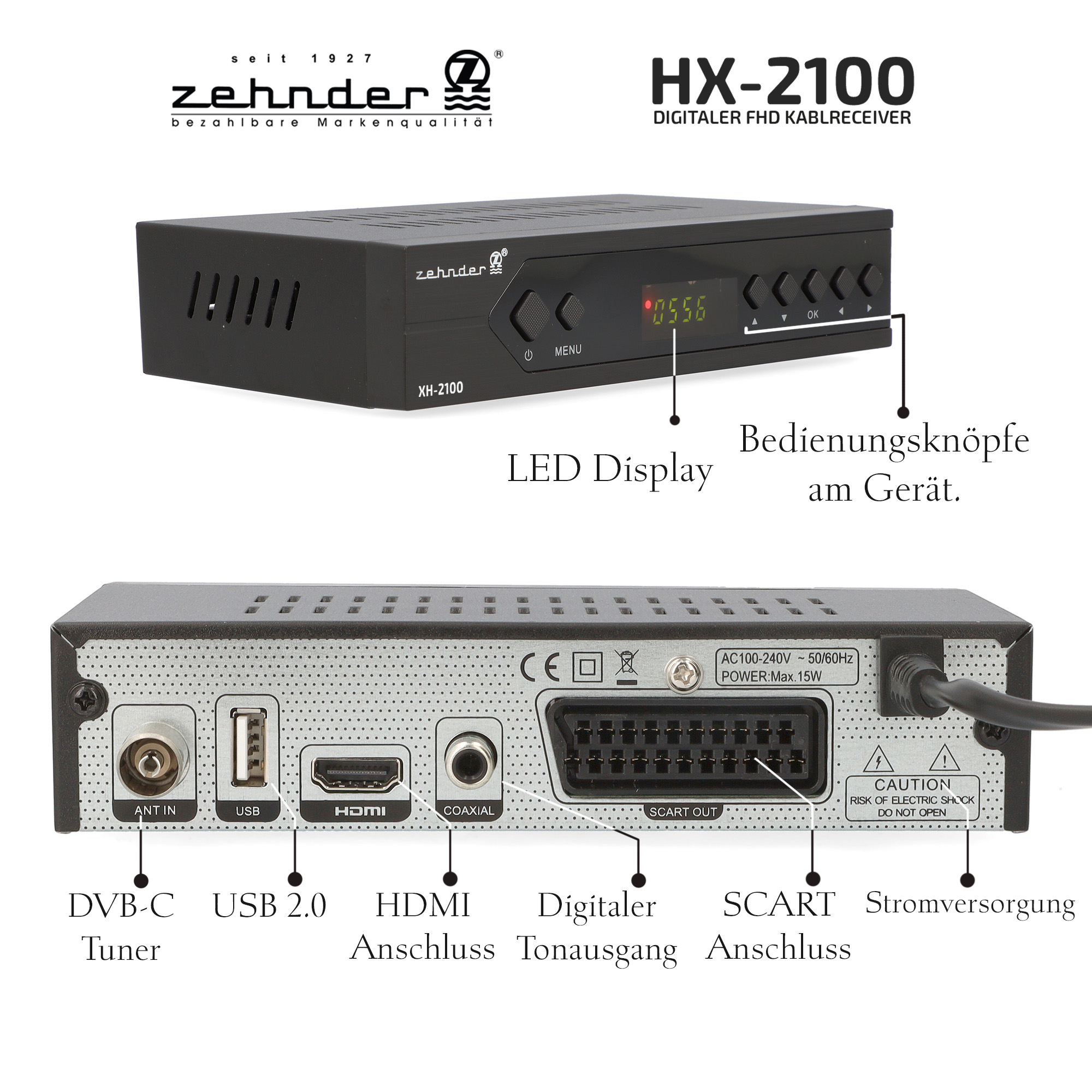 ZEHNDER HX 2400 TC Hybrid Receiver - DVB-C und DVB-T2 geeignet, Receiver für TV, Aufnahme und