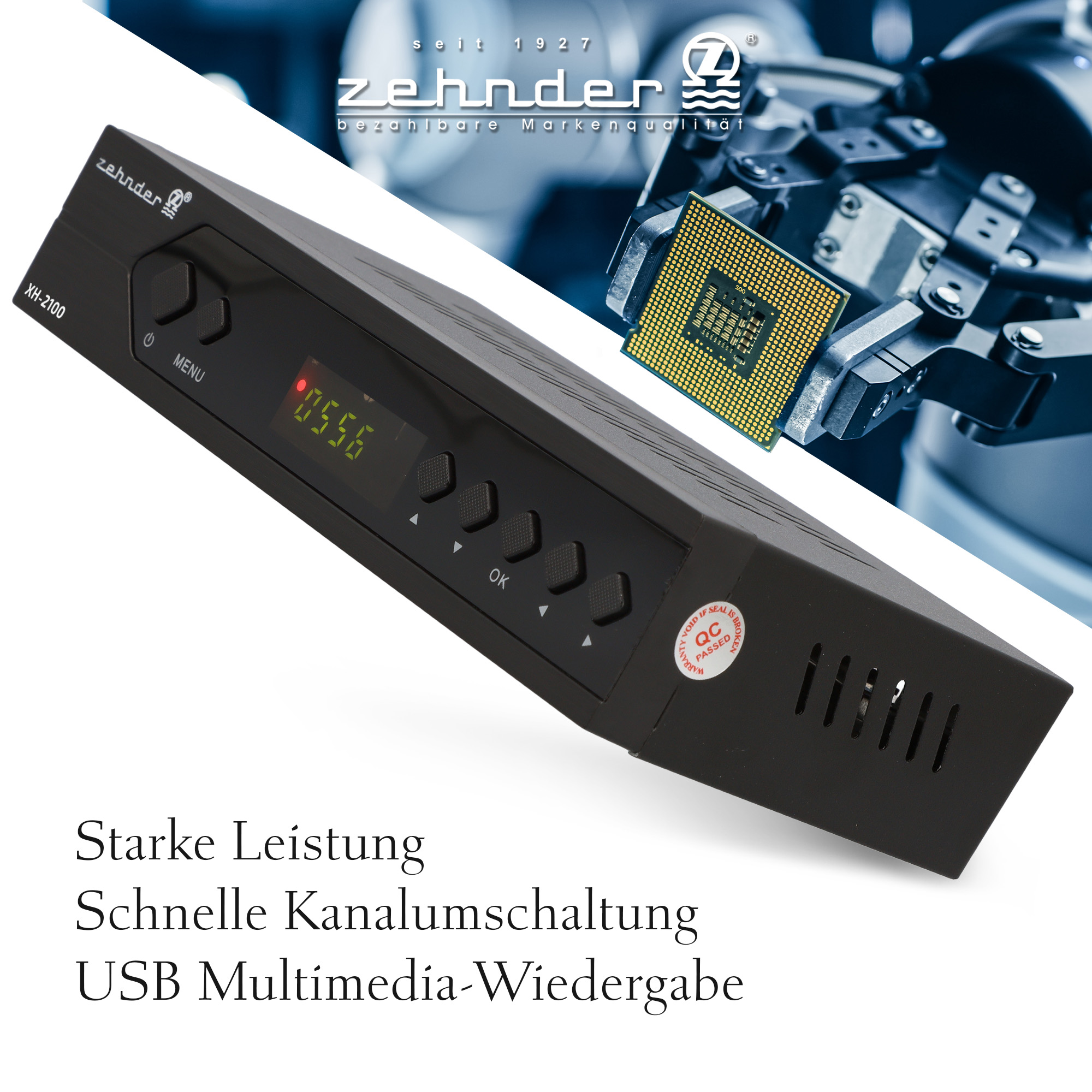 Schwarzer Zehnder XH-2100-Empfänger mit Anzeige 05:56. Eine CPU wird von einem Roboterarm im Hintergrund gehalten.
