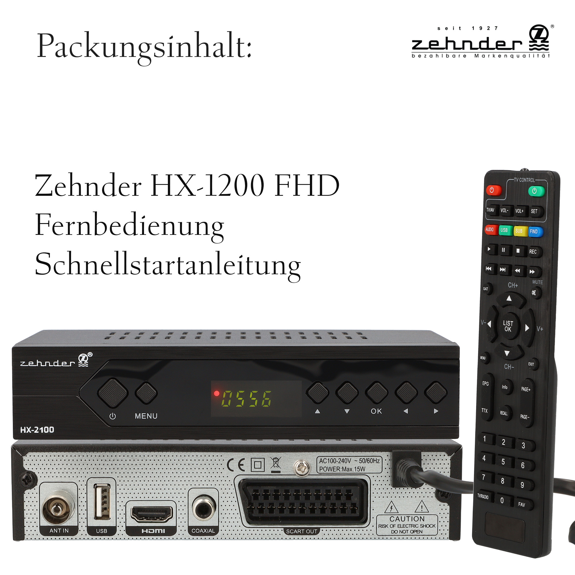Ein Zehnder HX-2100-Receiver mit Fernbedienung. Enthält Text auf Deutsch und ein Digitaldisplay mit '0556'.