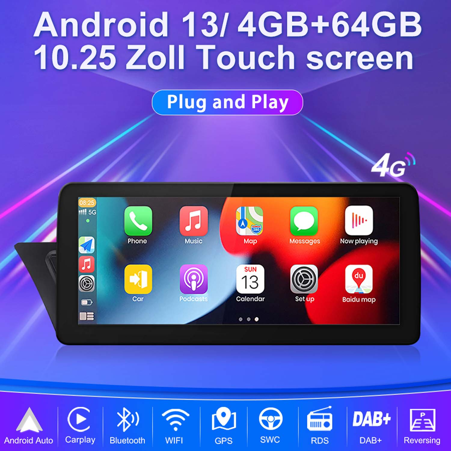 Samochodowy system multimedialny z ekranem dotykowym, ikonami aplikacji i opcjami łączności. U góry: Android 13/4GB+64GB.