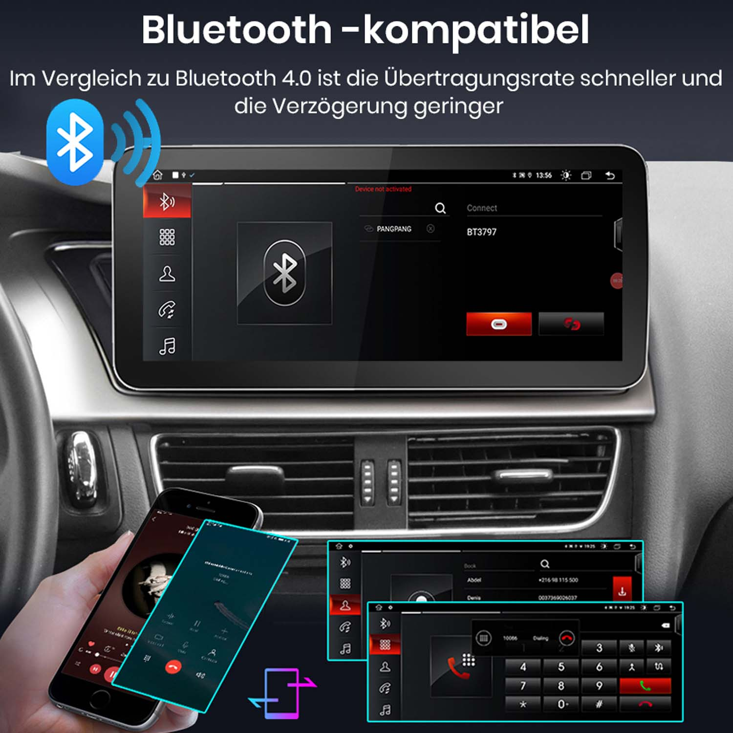 Deska rozdzielcza samochodu z telefonem w dłoni. Ekran pokazuje połączenie Bluetooth i interfejs połączeń telefonicznych.