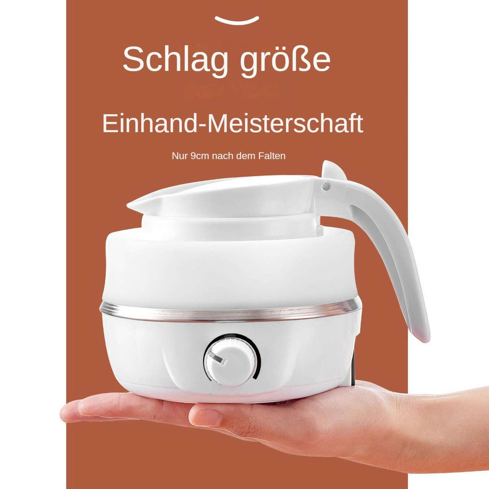 Ein weißer, zusammenklappbarer Wasserkocher mit Griff. Text auf Deutsch.