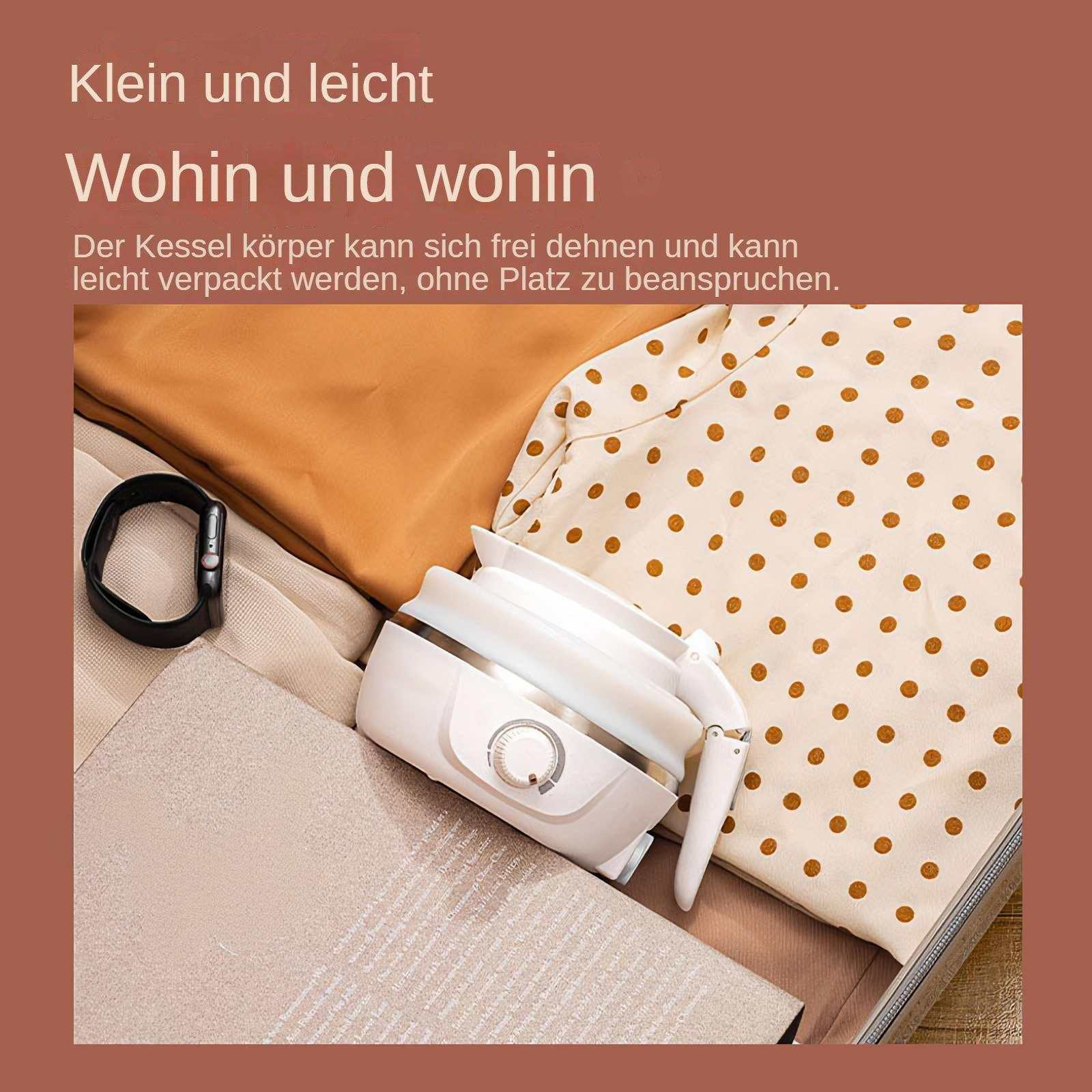 Ein weißer, zusammenklappbarer Wasserkocher, eine schwarze Uhr und Stoffe in Beige, Braun und Weiß mit braunen Punkten.