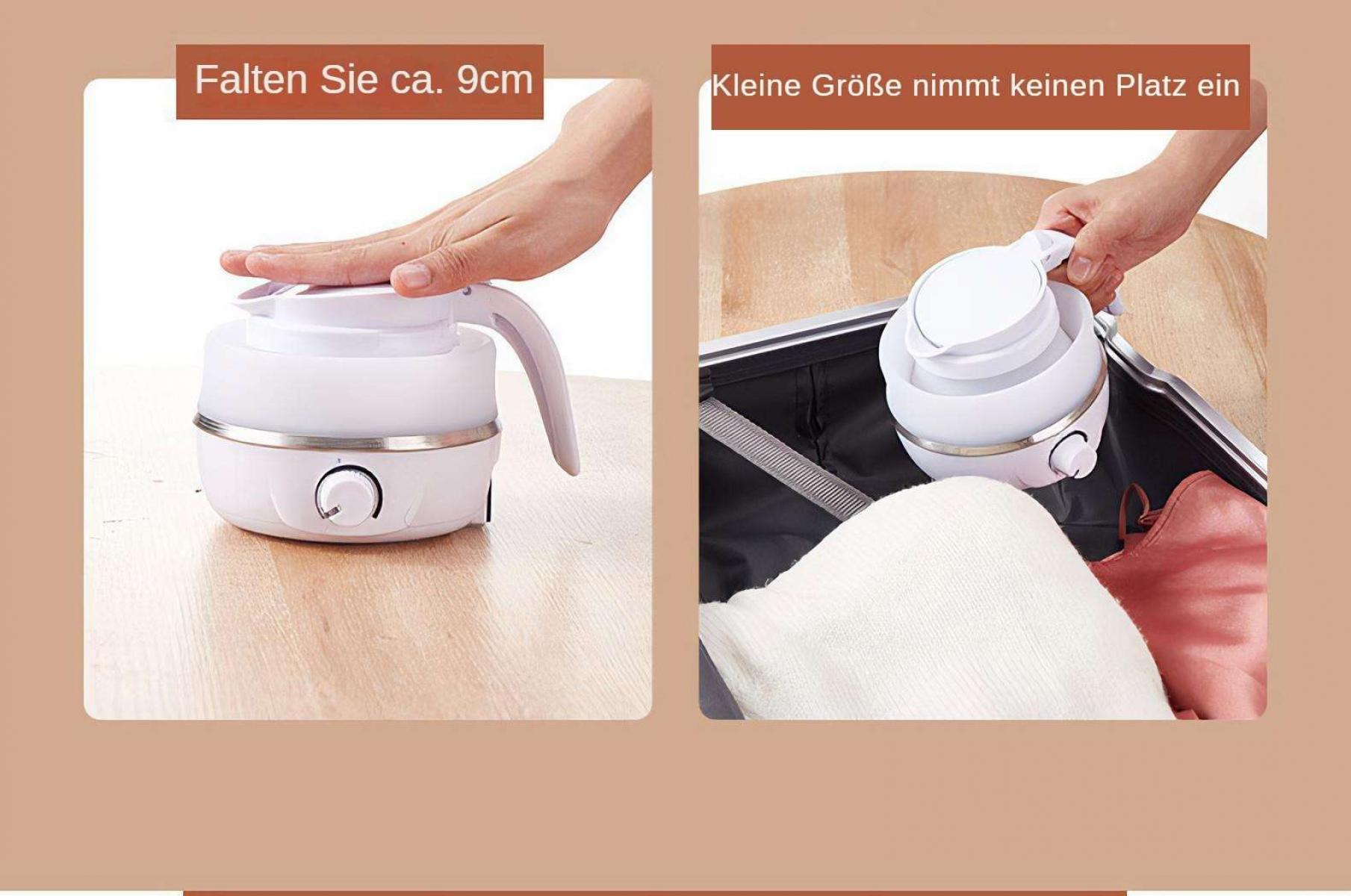 Ein weißer, zusammenklappbarer Wasserkocher wird gezeigt, einer zusammengeklappt und einer in einem Koffer. Eine Hand berührt den Wasserkocher.