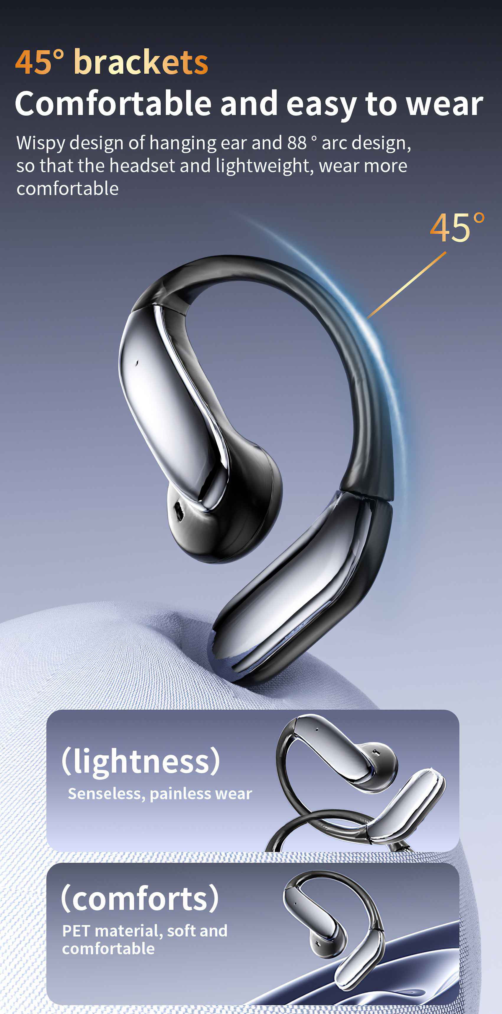Ein silbernes und schwarzes Headset mit einzigartigem Design. Text beschreibt Komfort und Leichtigkeit.