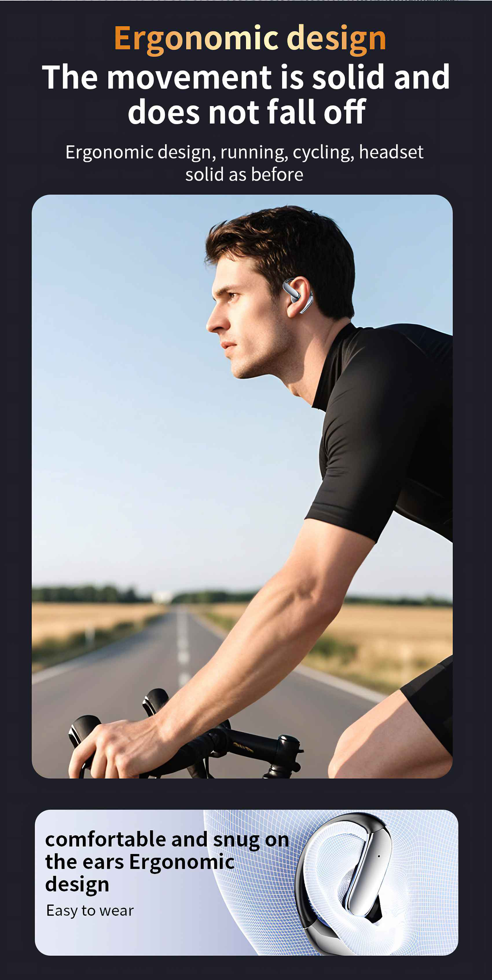 Mann beim Radfahren mit Ohrhörern. Er schaut nach vorne. Der Hintergrund ist eine Straße und ein heller Himmel.