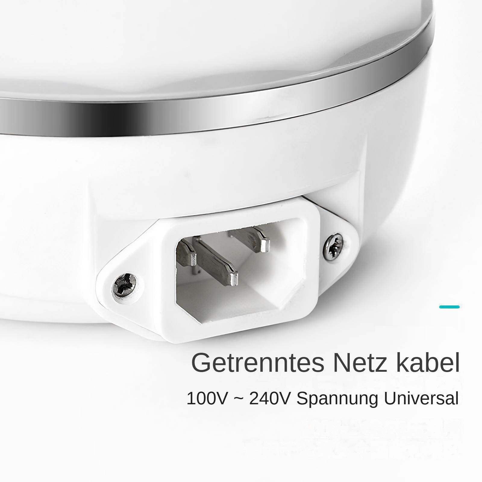 Nahaufnahme einer weißen Steckdose an einem weißen Gerät. Text: Getrenntes Netzkabel, 100V ~ 240V Spannung Universal.