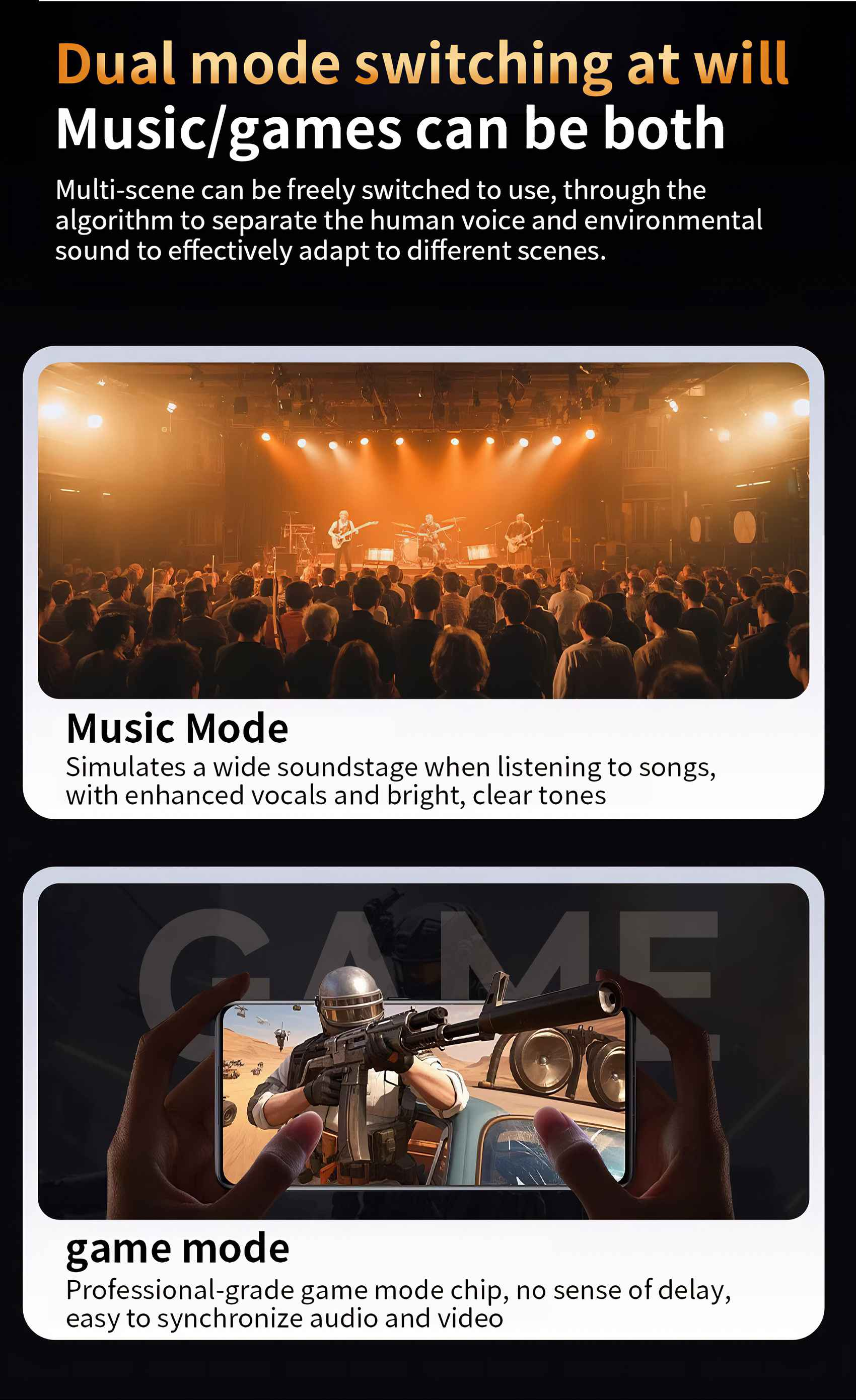 Bild zeigt Musik- und Spielmodi. Der Musikmodus zeigt eine Band auf der Bühne. Der Spielmodus zeigt ein Handy, das ein Shooter-Spiel spielt.