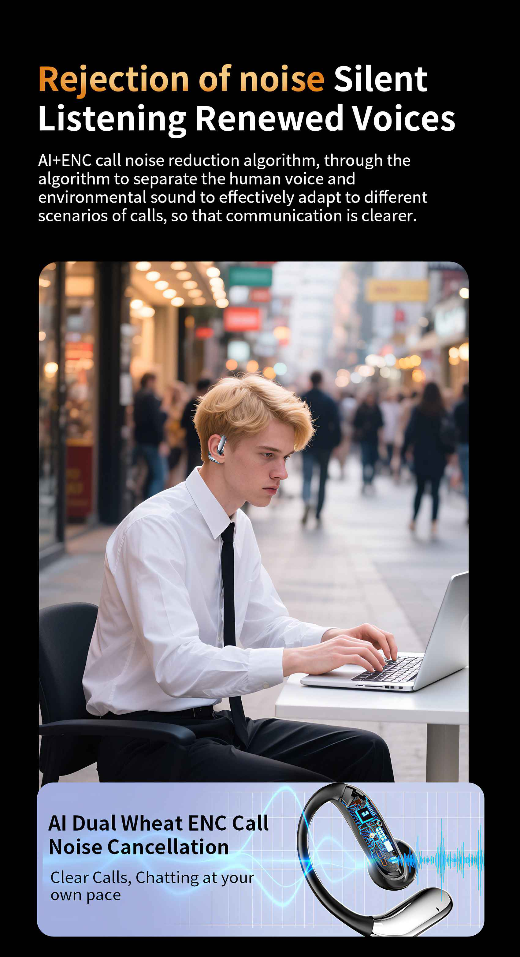 Ein Mann mit Kopfhörer benutzt einen Laptop. Der Hintergrund ist eine verschwommene Stadtstraße. Text beschreibt Geräuschunterdrückung.