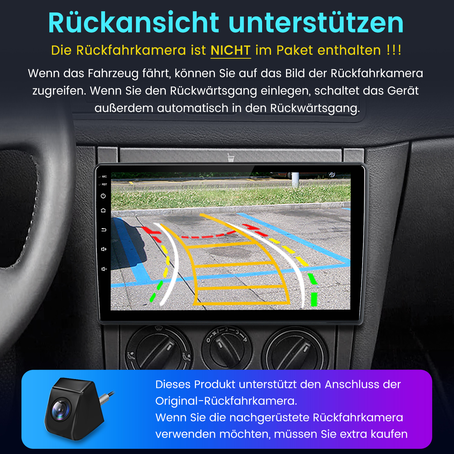Das Armaturenbrett eines Autos zeigt eine Rückfahrkamerabild mit farbigen Linien. Text erklärt die Funktionen und Details zum Kauf.