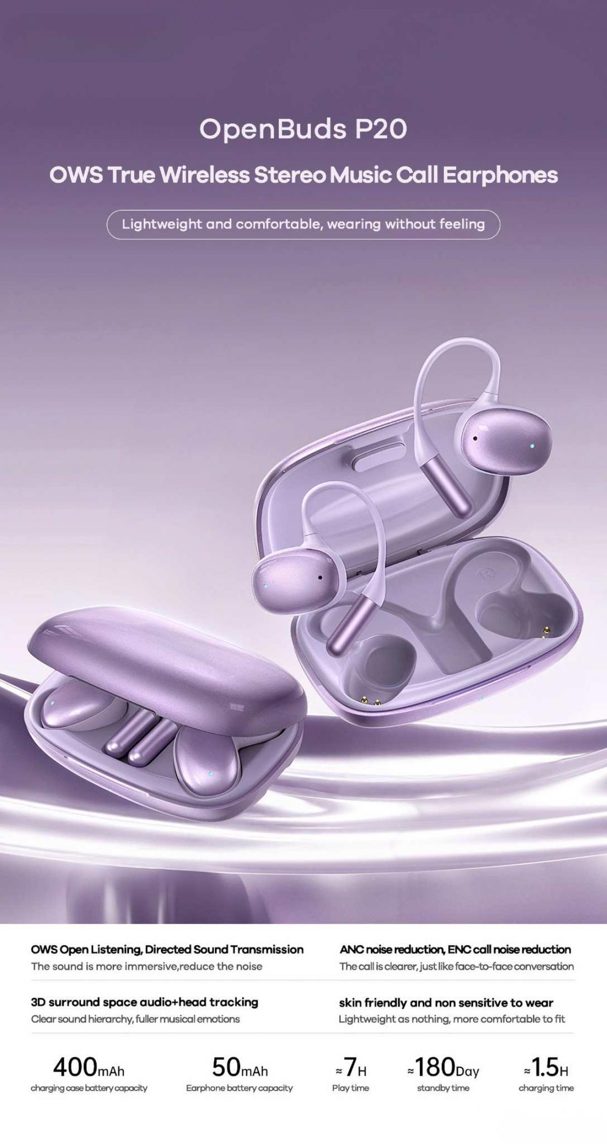 Lila OpenBuds P20-Kopfhörer mit Ladecase. Merkmale sind Rauschunterdrückung und lange Akkulaufzeit. Leicht und komfortabel.