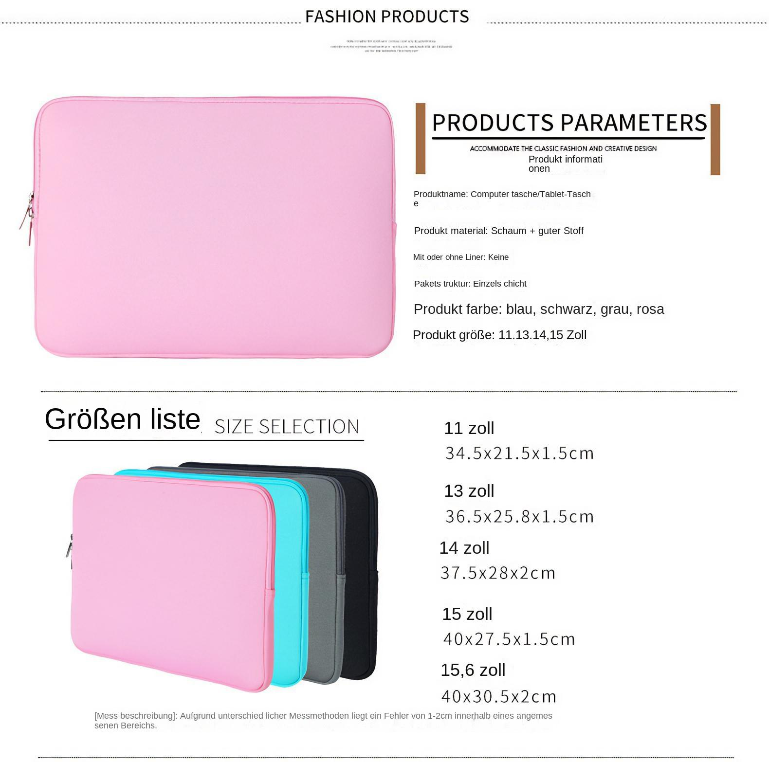 Rosa Laptop-Hülle mit Produktdetails und Größentabelle auf weißem Hintergrund.
