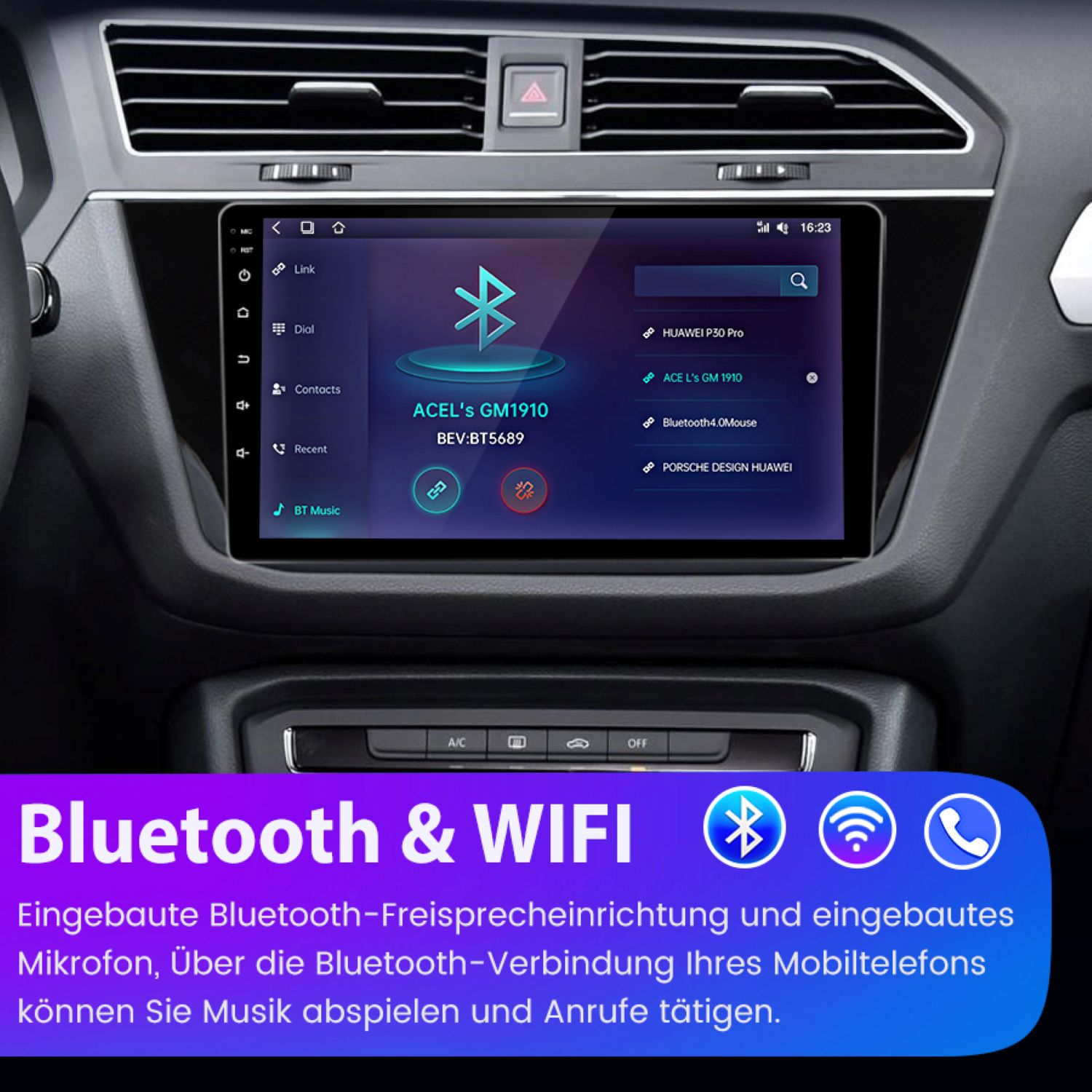 Autarmaturenbrett mit Bildschirm, der Bluetooth-Optionen anzeigt. Auf dem Bildschirm steht ACEL's GM1910. Das untere Banner sagt Bluetooth & WIFI.