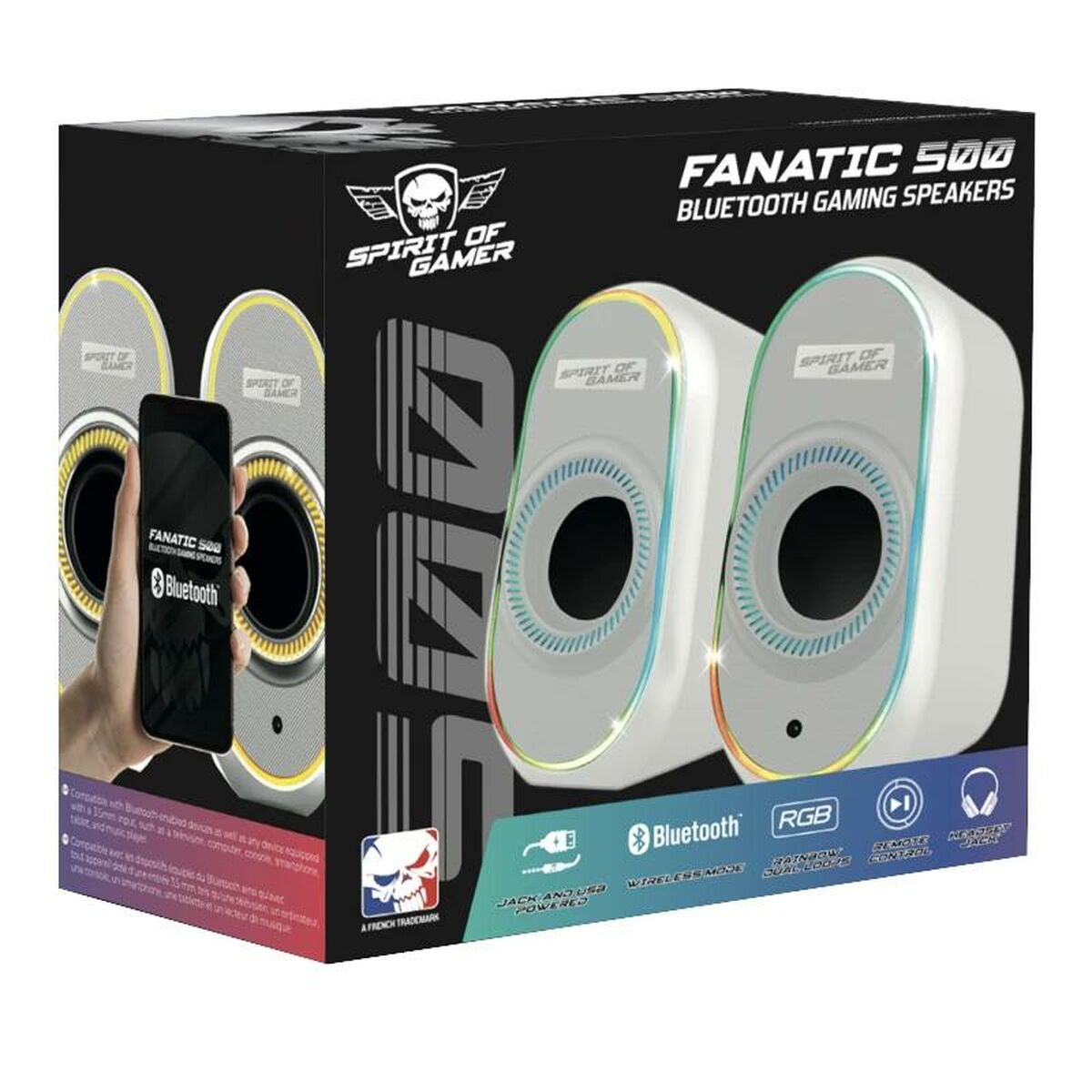 Scatola con altoparlanti da gioco, bianchi e neri. Un telefono mostra 'Bluetooth'. Loghi: Spirit of Gamer, Bluetooth, RGB.