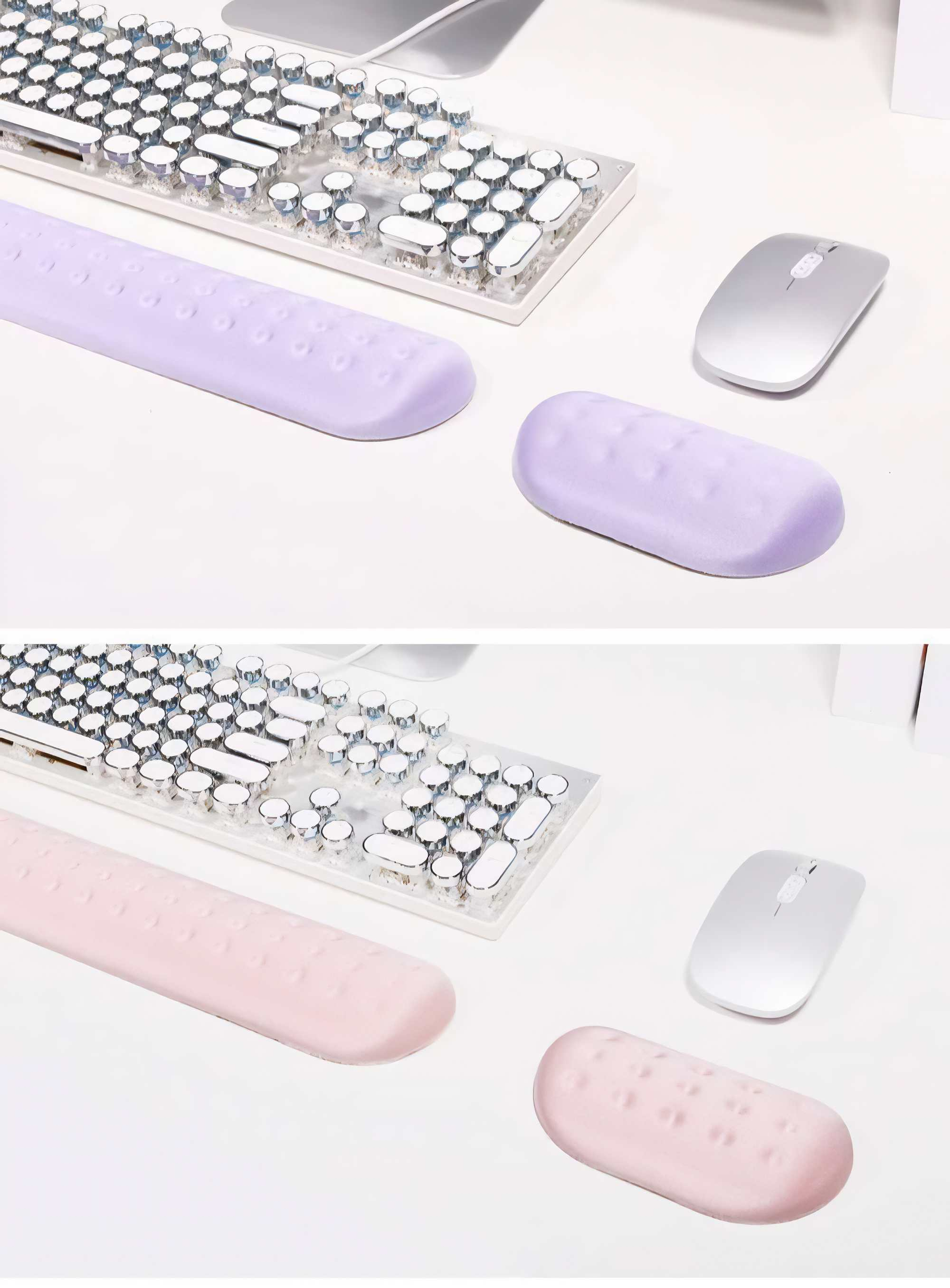 Eine Draufsicht auf eine Tastatur, eine Maus und eine Handgelenkstütze. Die Tastatur hat weiße Tasten, der Rest ist lila.