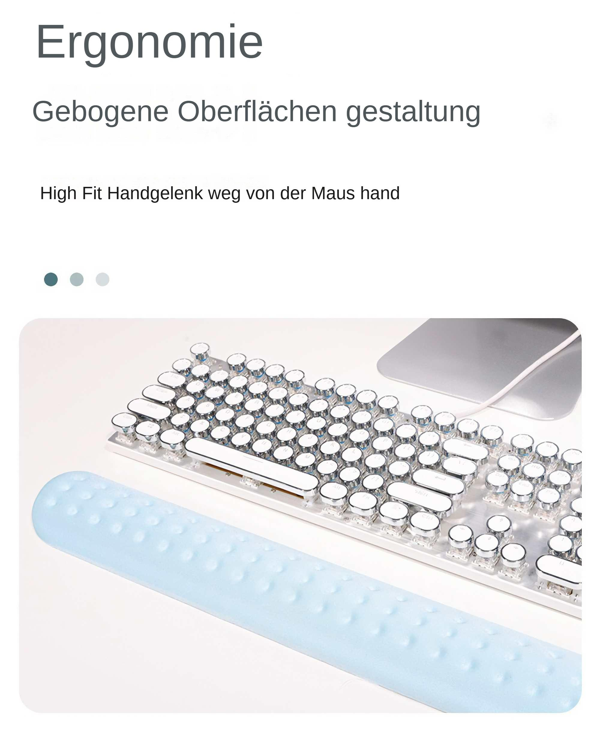 Eine Tastatur mit transparenten Tasten, einer hellblauen Handgelenkauflage und einem silbernen Mauspad.