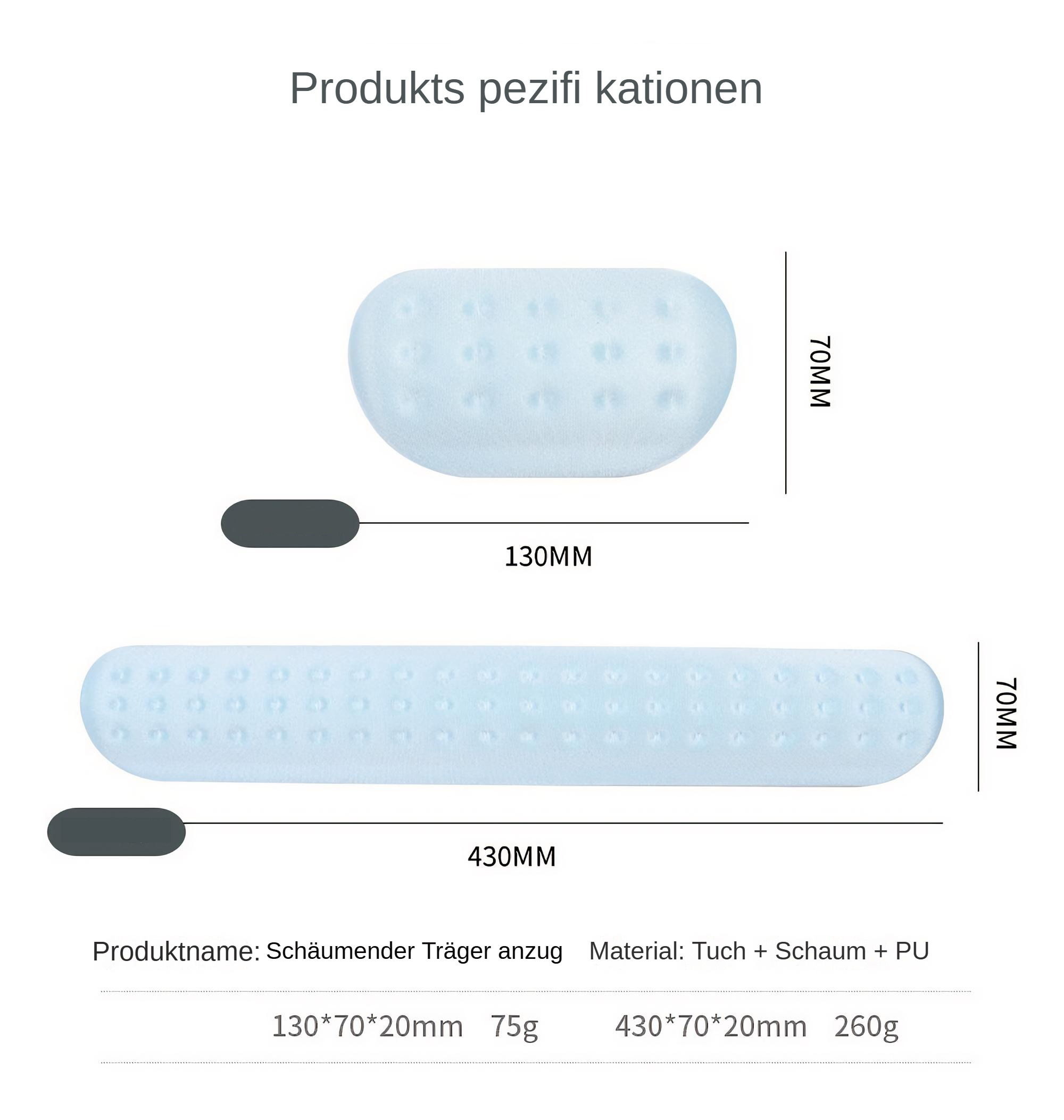 Diagramm von zwei blauen Schaumstoffpads. Eines ist oval, das andere lang. Abmessungen und Materialangaben.