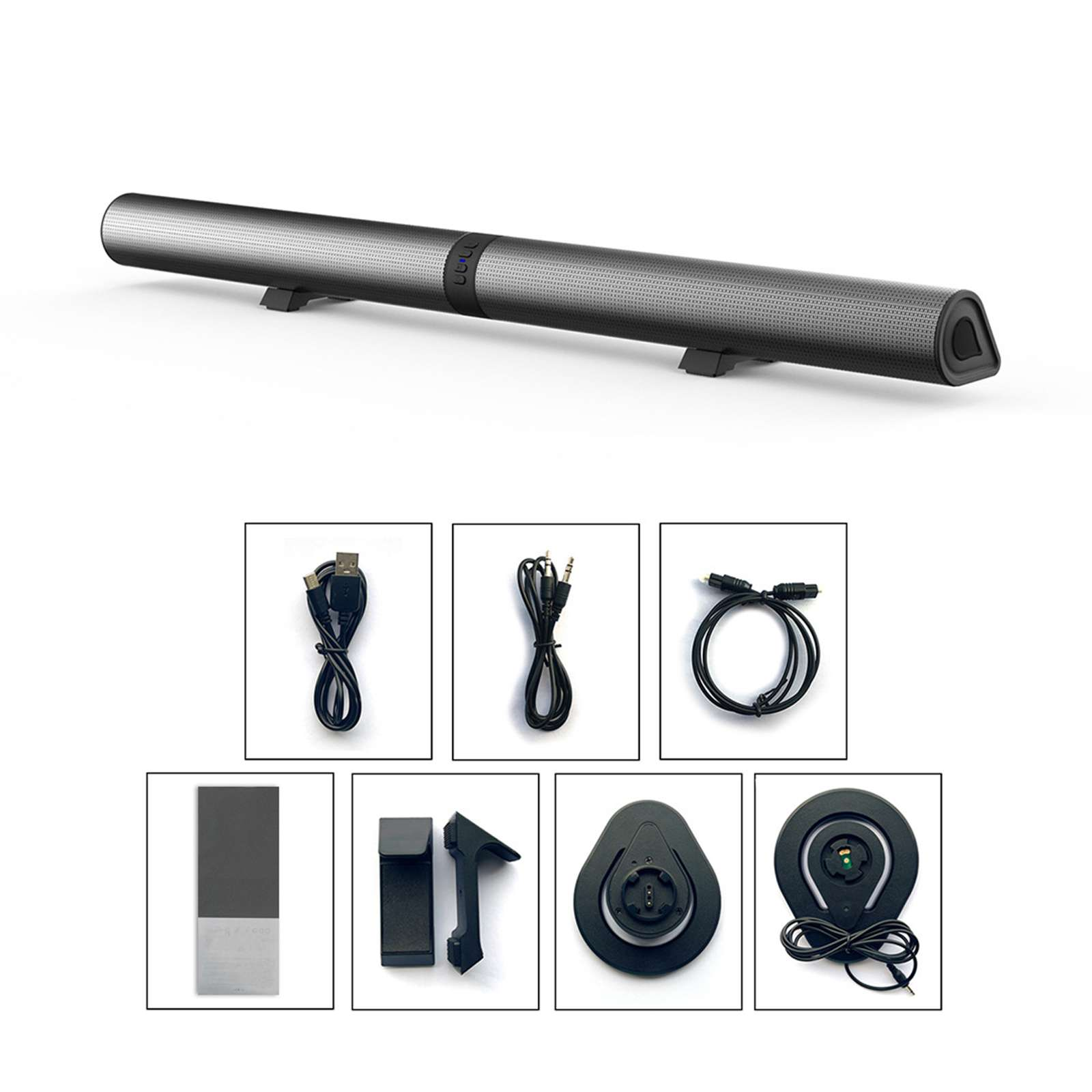 Eine graue Soundbar mit Zubehör: USB-Kabel, Audiokabel, optisches Kabel, Fernbedienung, Ständer und Ladestation.