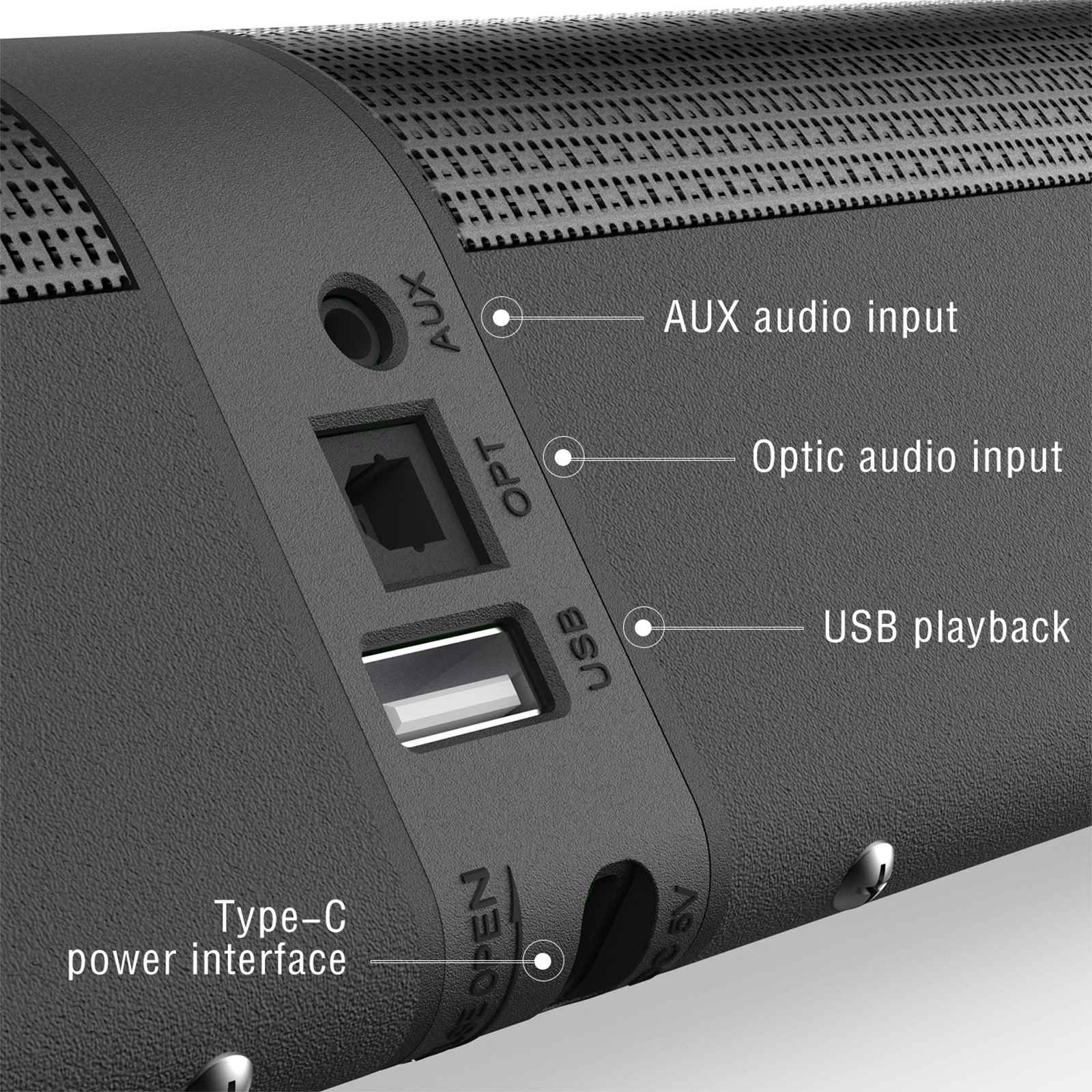 Nahaufnahme eines Lautsprechers mit Eingangsanschlüssen: AUX, Optic, USB und Typ-C-Strom. Schwarze strukturierte Oberfläche.