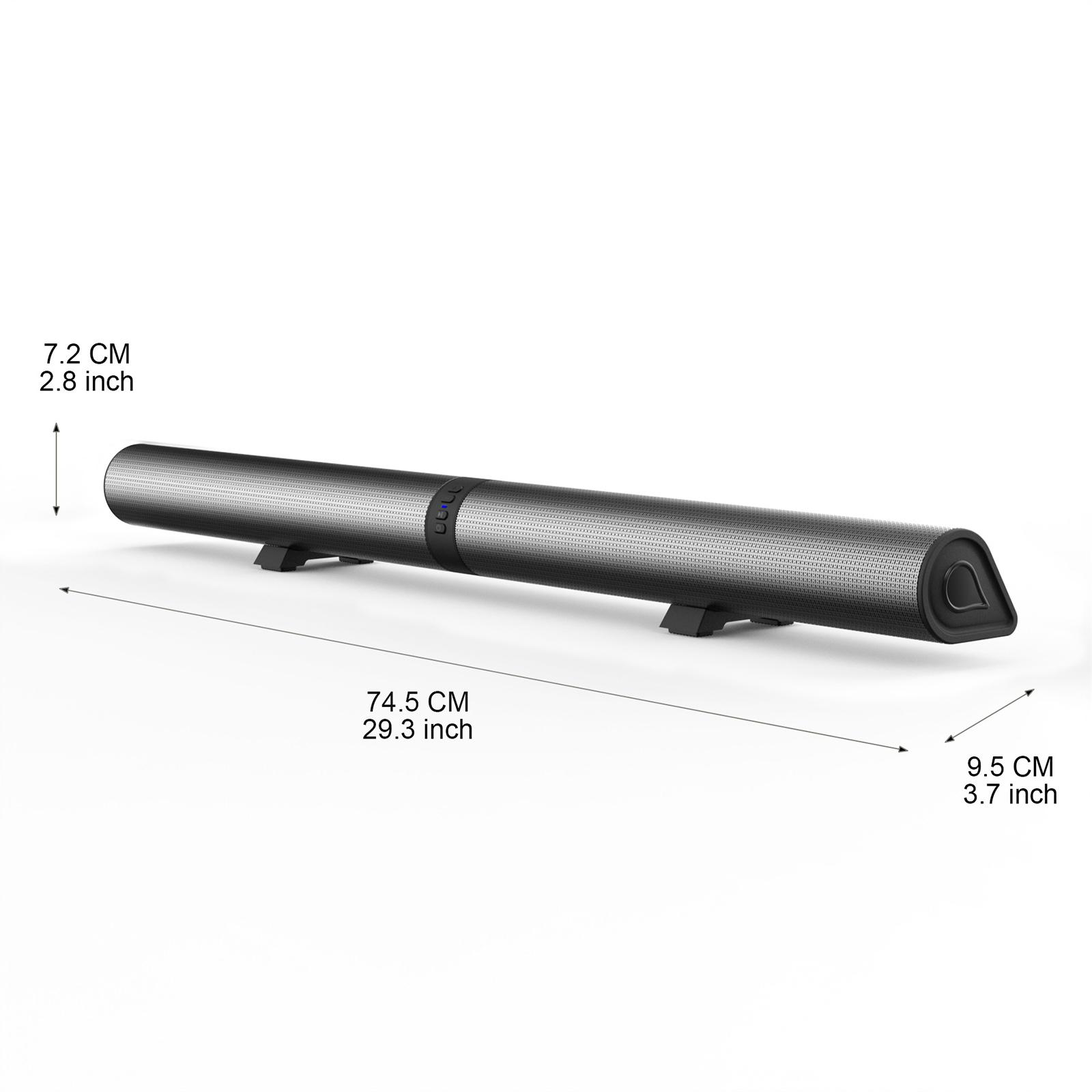 Eine schwarze Soundbar mit Maßangaben. Sie steht auf kleinen schwarzen Ständern. Der Hintergrund ist weiß.