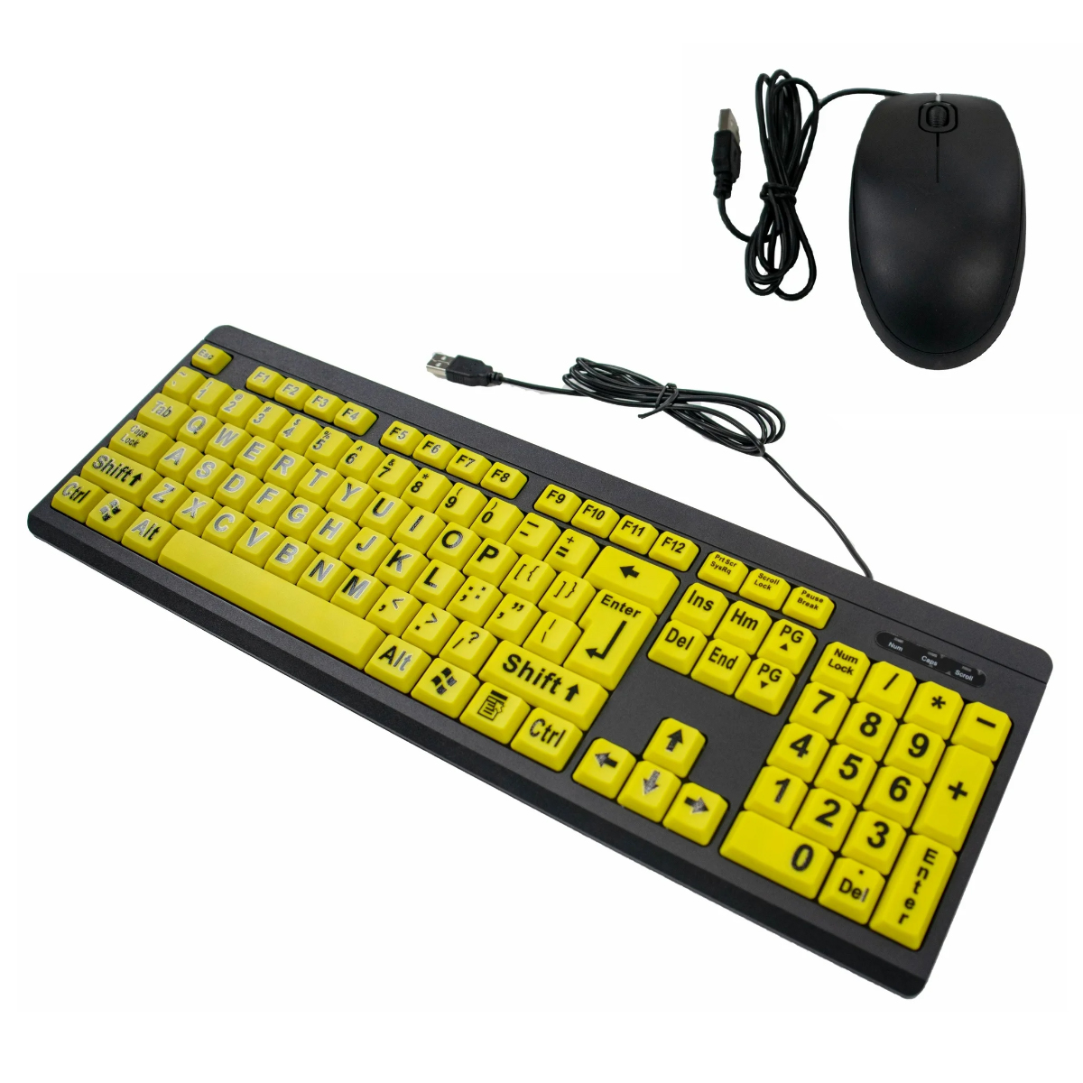 Eine schwarze Tastatur mit gelben Tasten und eine schwarze Maus auf weißem Hintergrund. Tastatur und Maus sind mit Kabeln verbunden.