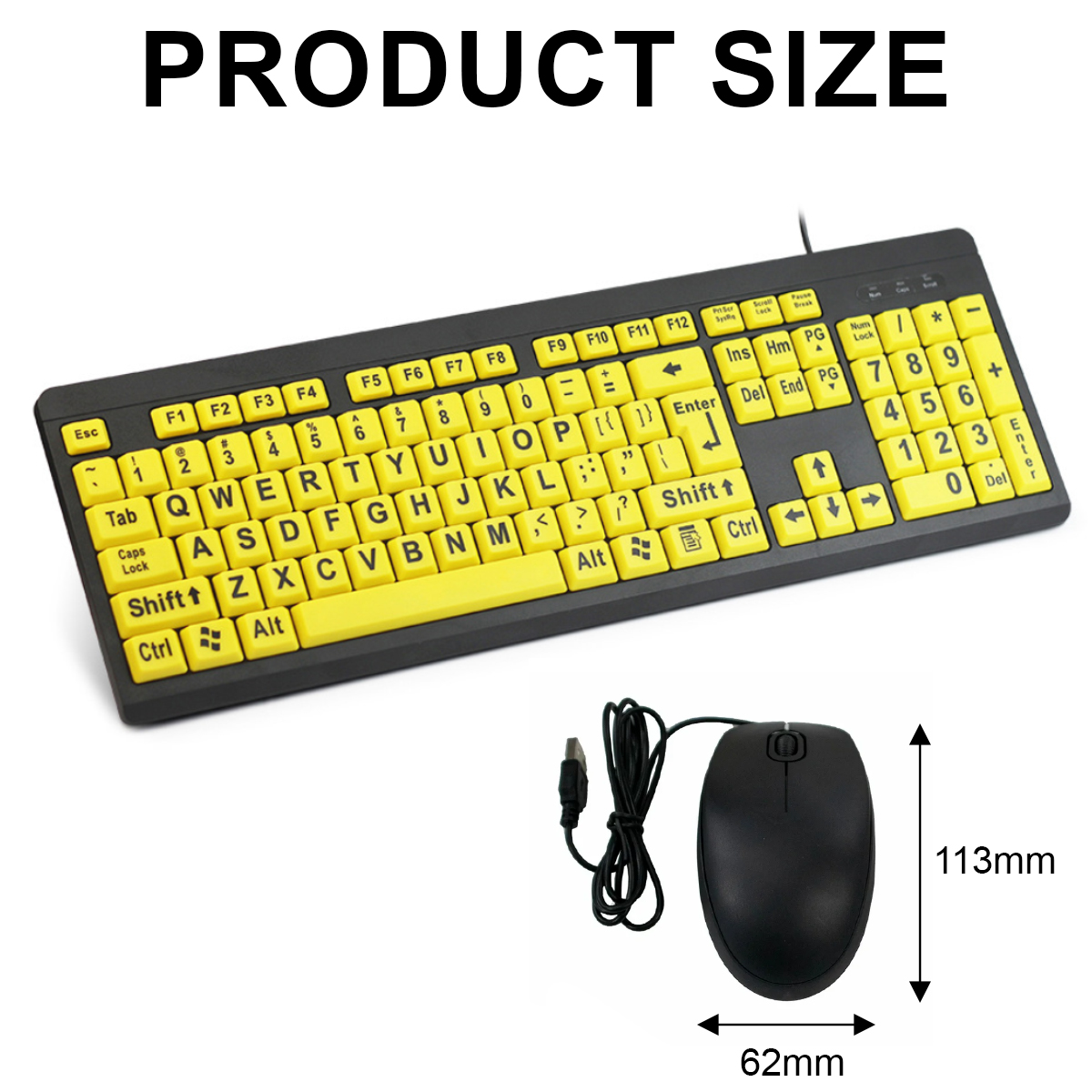 Eine Tastatur mit gelben Tasten und eine schwarze Maus. Abmessungen sind 113 mm x 62 mm. Text PRODUKTGRÖSSE steht oben.