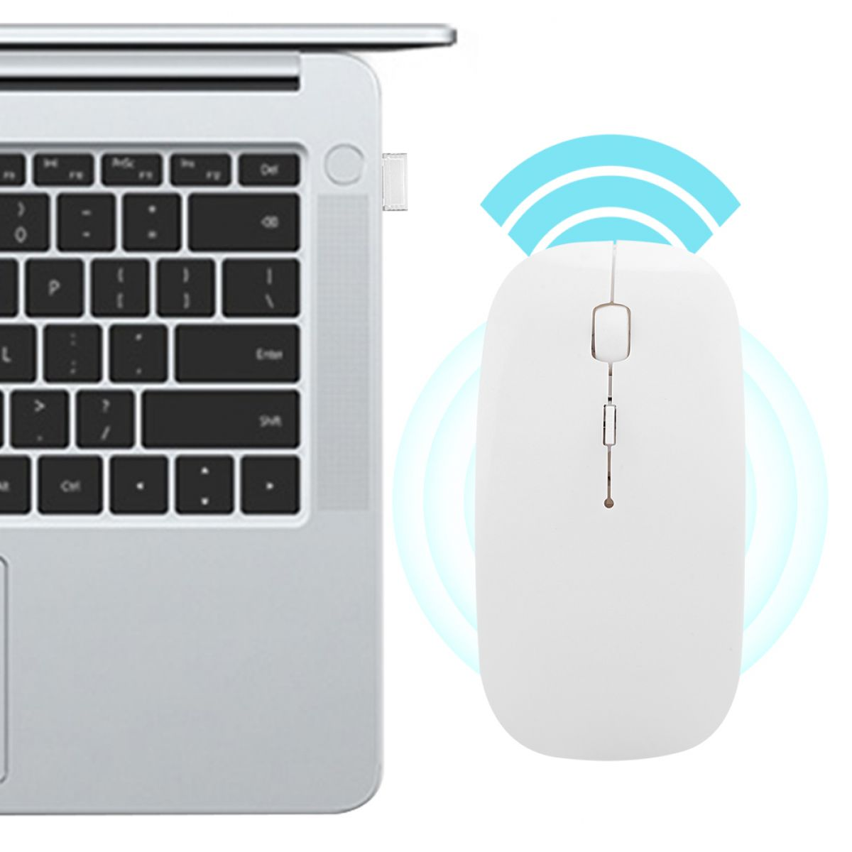 Eine weiße Funkmaus mit blauen Signalwellen befindet sich neben einem Laptop. Die Maus ist mit einem kleinen USB-Empfänger verbunden.
