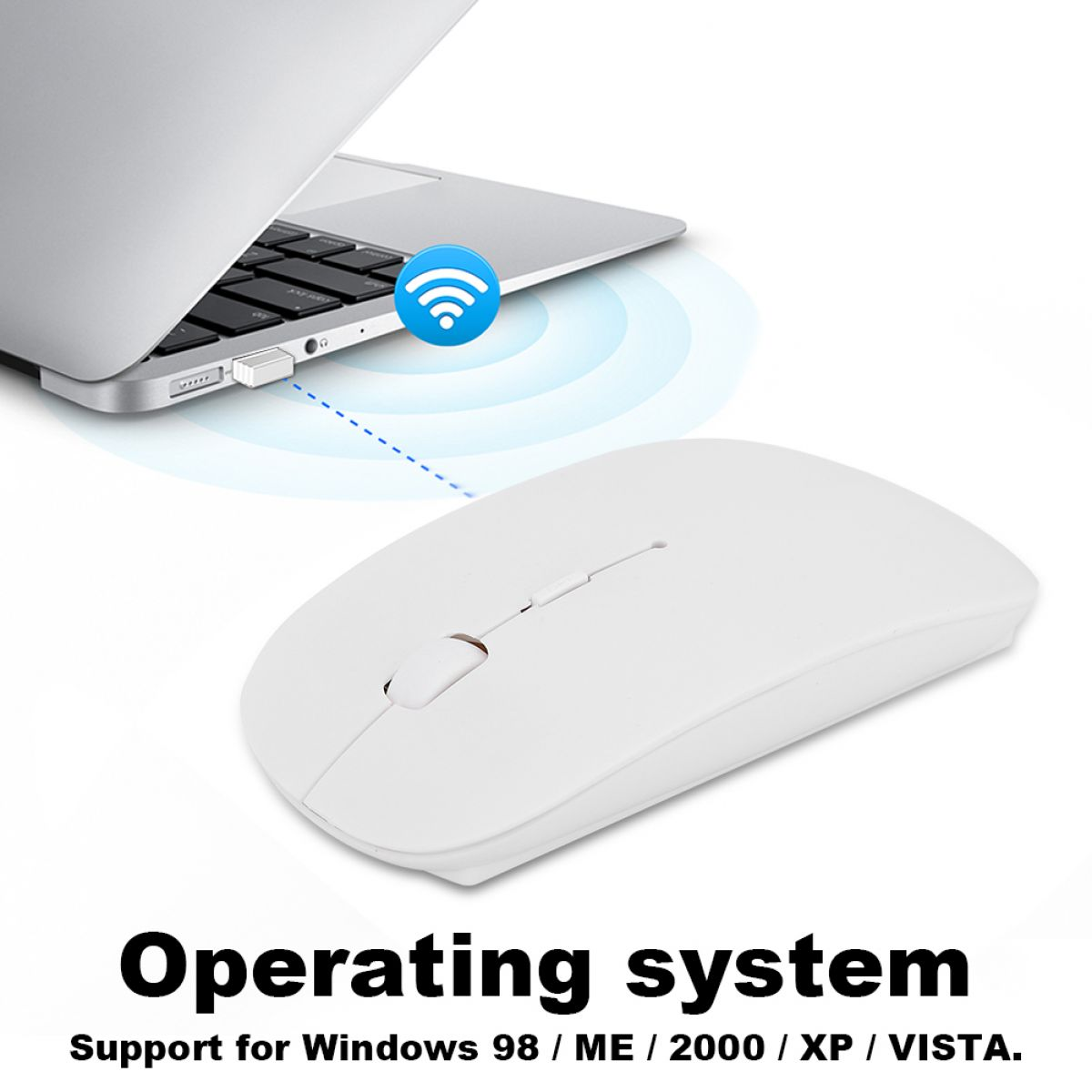 Eine weiße kabellose Maus in der Nähe eines Laptops. Ein blaues WLAN-Symbol. Text: Betriebssystem. Unterstützung für Windows 98/ME/2000/XP/VISTA.