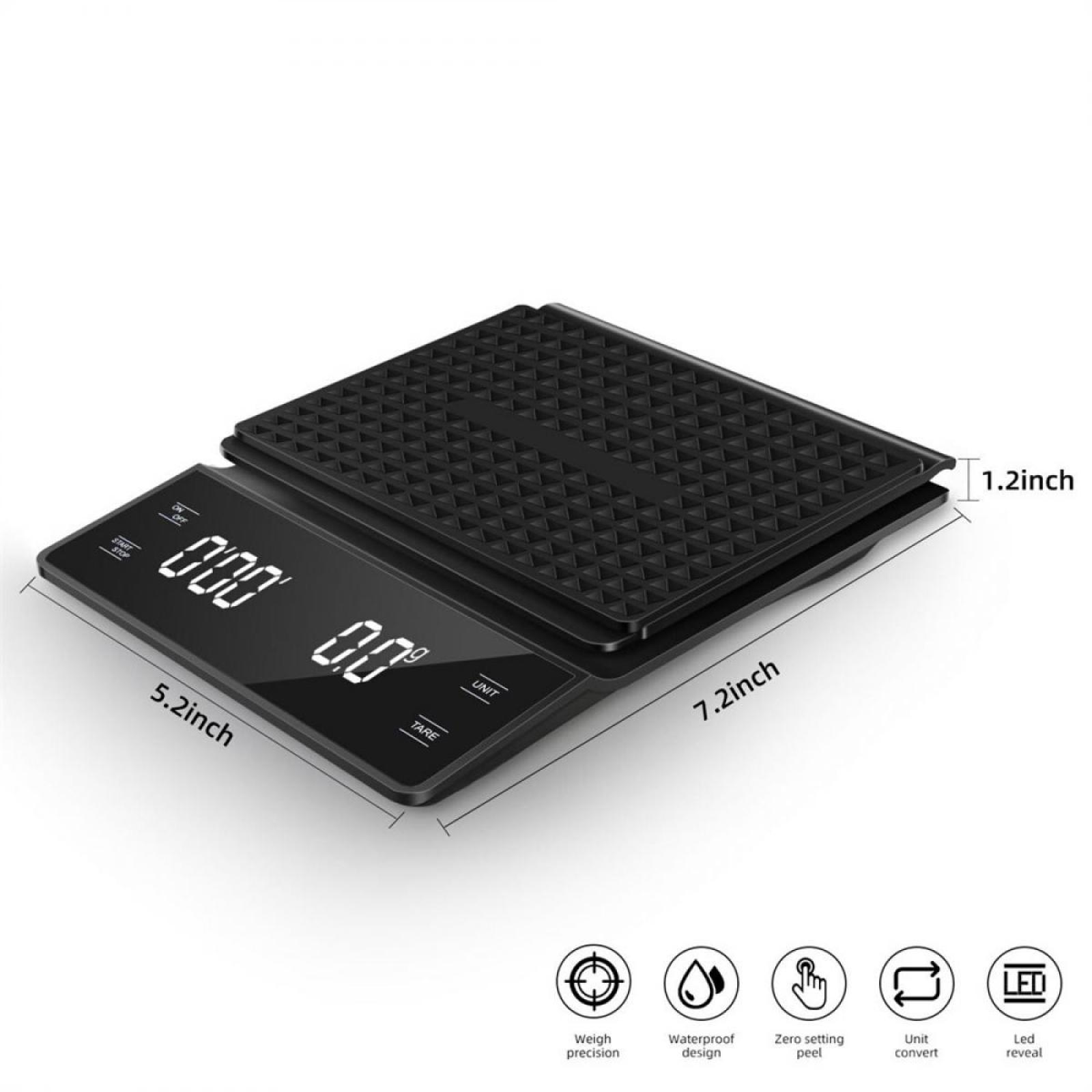 Eine schwarze digitale Küchenwaage. Sie zeigt '000' und '0,0'. Abmessungen sind angegeben. Symbole für Funktionen sind unten.