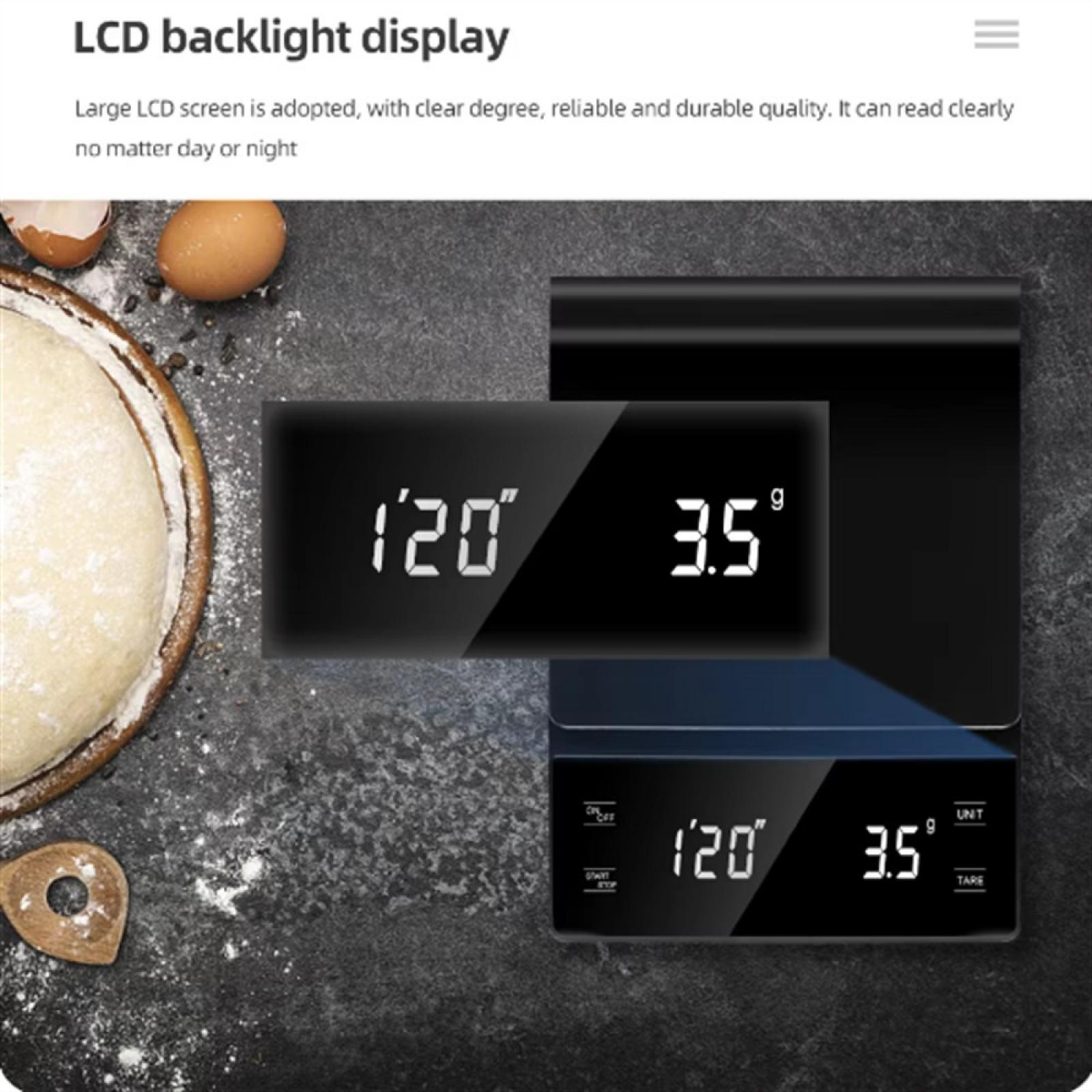 Eine Digitalwaage zeigt '120" und '3,5' an. Eier und Teig befinden sich im Hintergrund. Ein Holzlöffel liegt auf der Oberfläche.