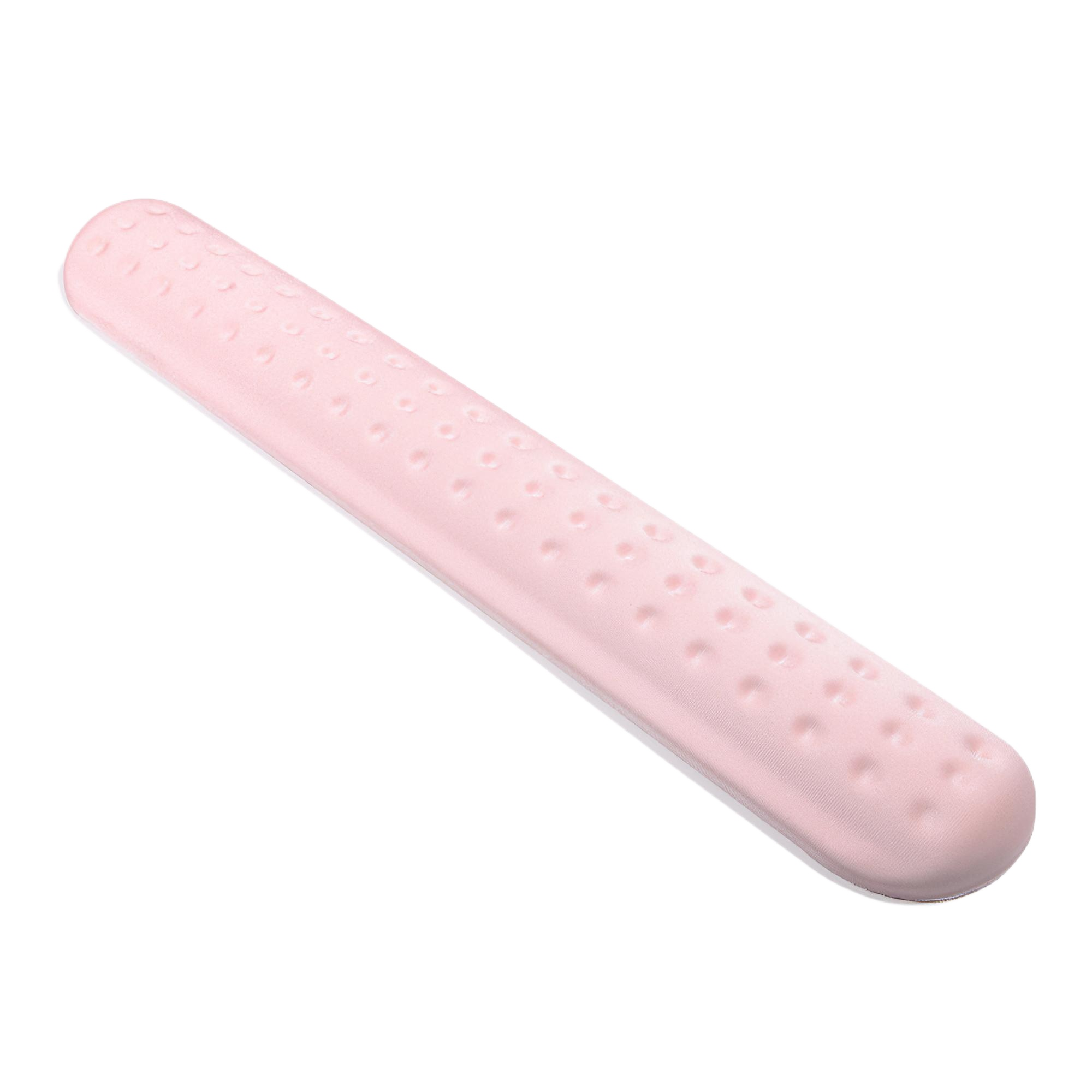 Ein pinkfarbenes, längliches, strukturiertes Objekt auf weißem Hintergrund. Es hat eine abgerundete Form und eine gewölbte Oberfläche.