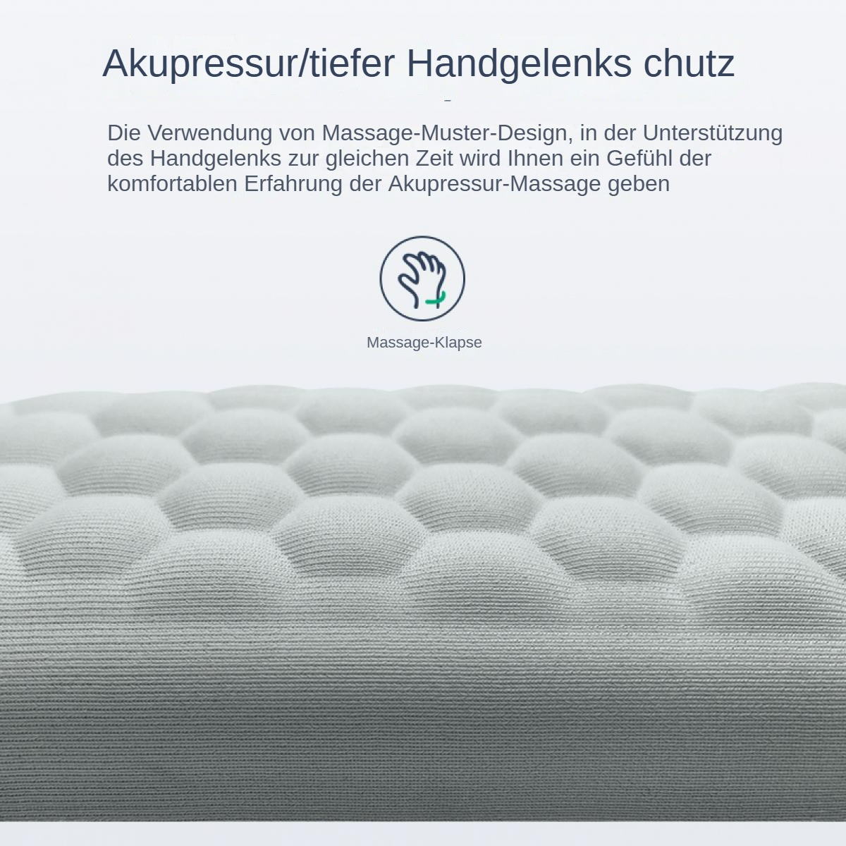 Nahaufnahme einer grauen, strukturierten Oberfläche mit Wabenmuster. Text oben beschreibt Handgelenkstütze und Massage.