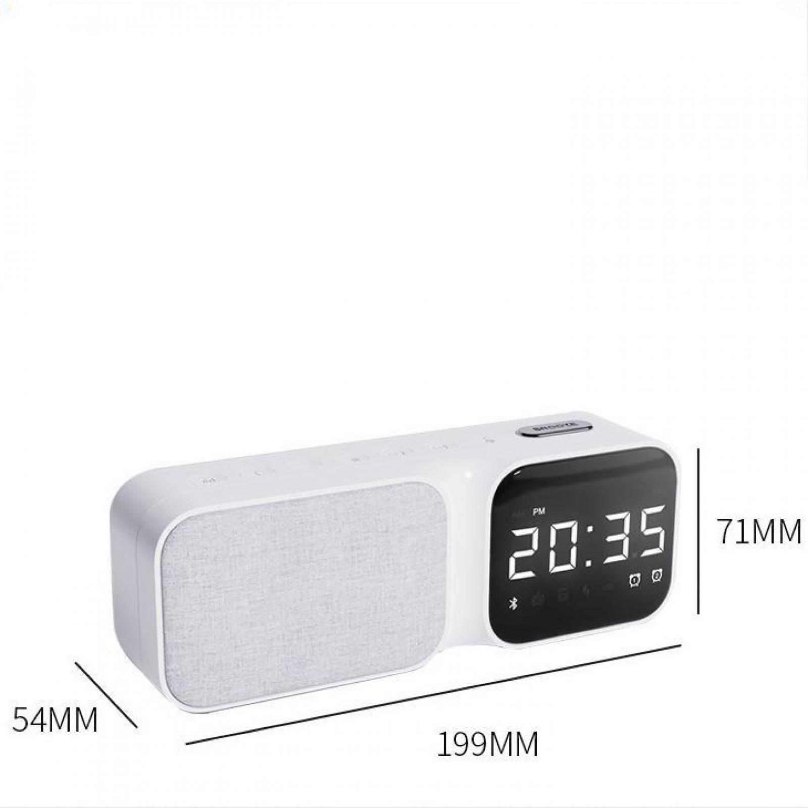 Weißes Digital-Radiowecker mit der Anzeige 20:35. Abmessungen: 199 mm lang, 71 mm hoch und 54 mm breit.
